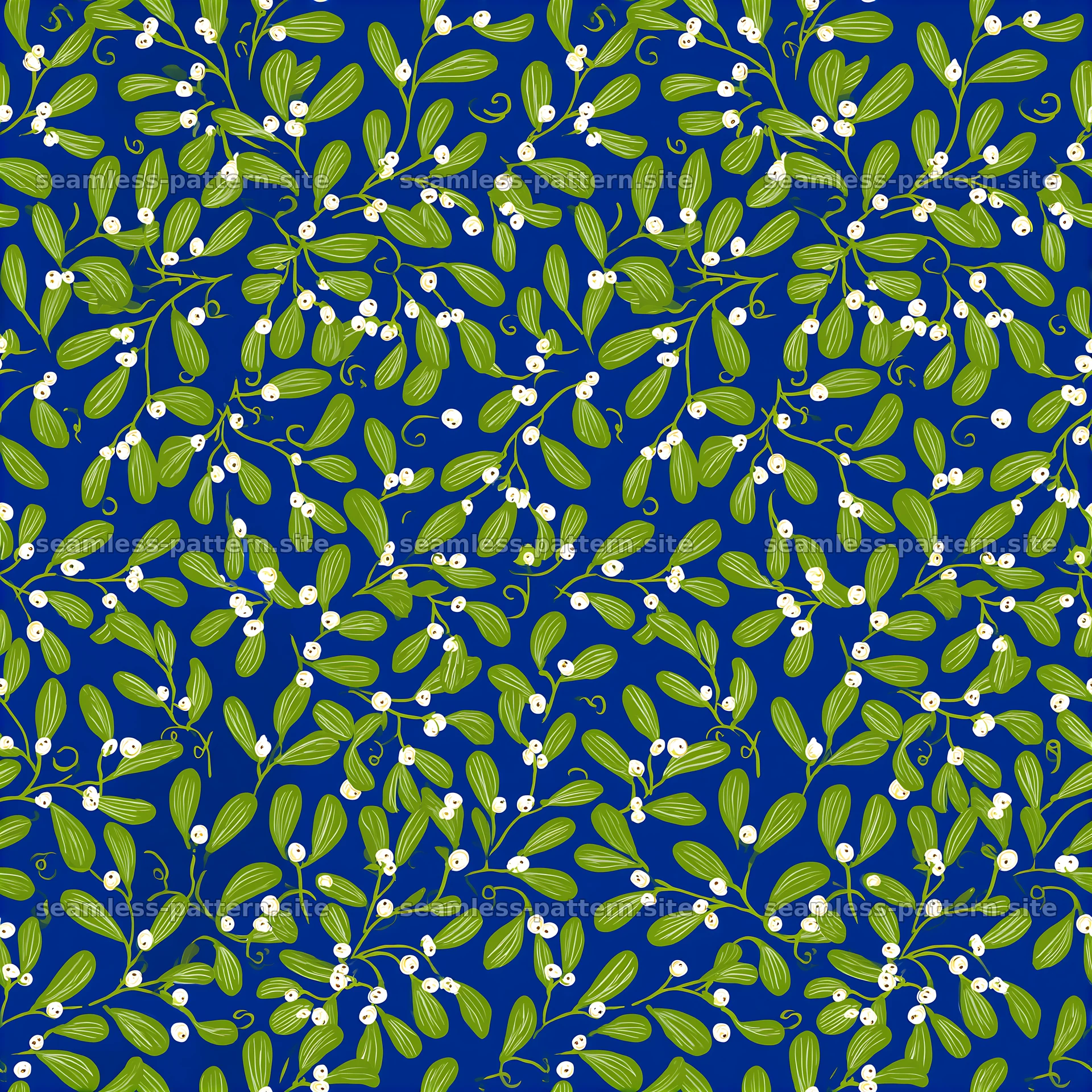Cheerful mistletoe seamless pattern on a blue background — seamless tileable pattern at 8192x8192