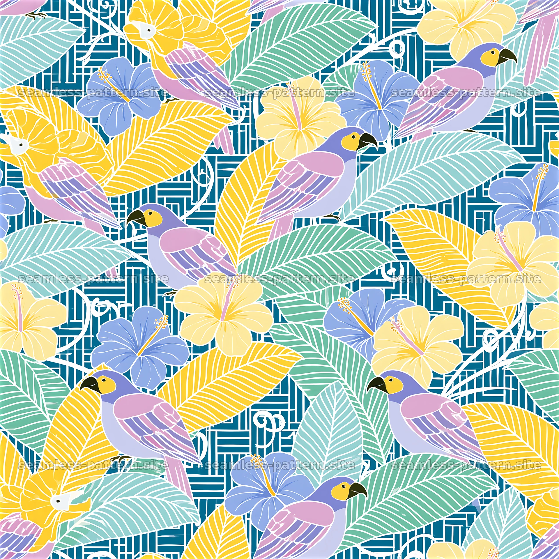 Colorful birds and flowers in a seamless pattern design — seamless tileable pattern at 8192x8192