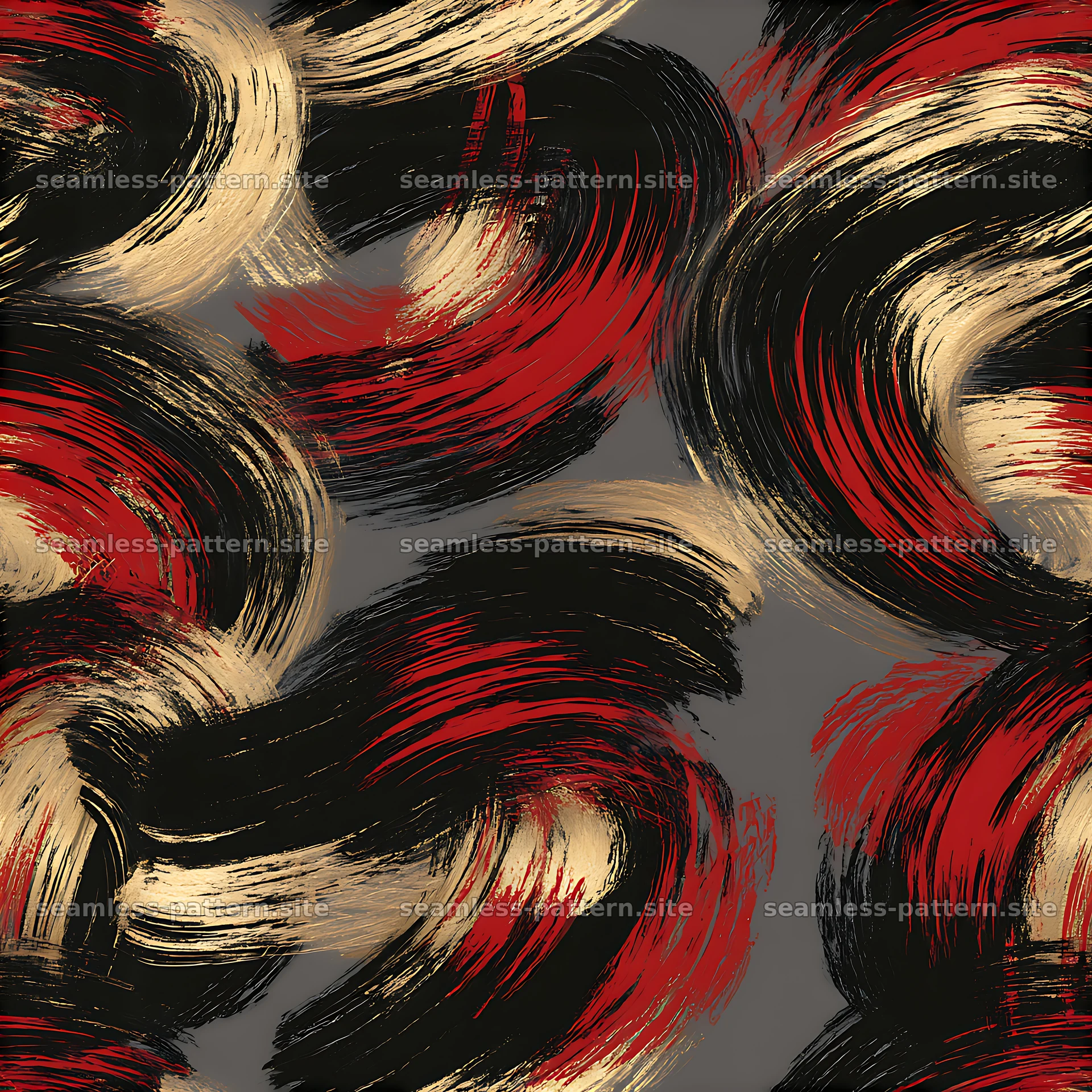 Brushstroke black red gold seamless pattern with bold color swirls — seamless tileable pattern at 8192x8192