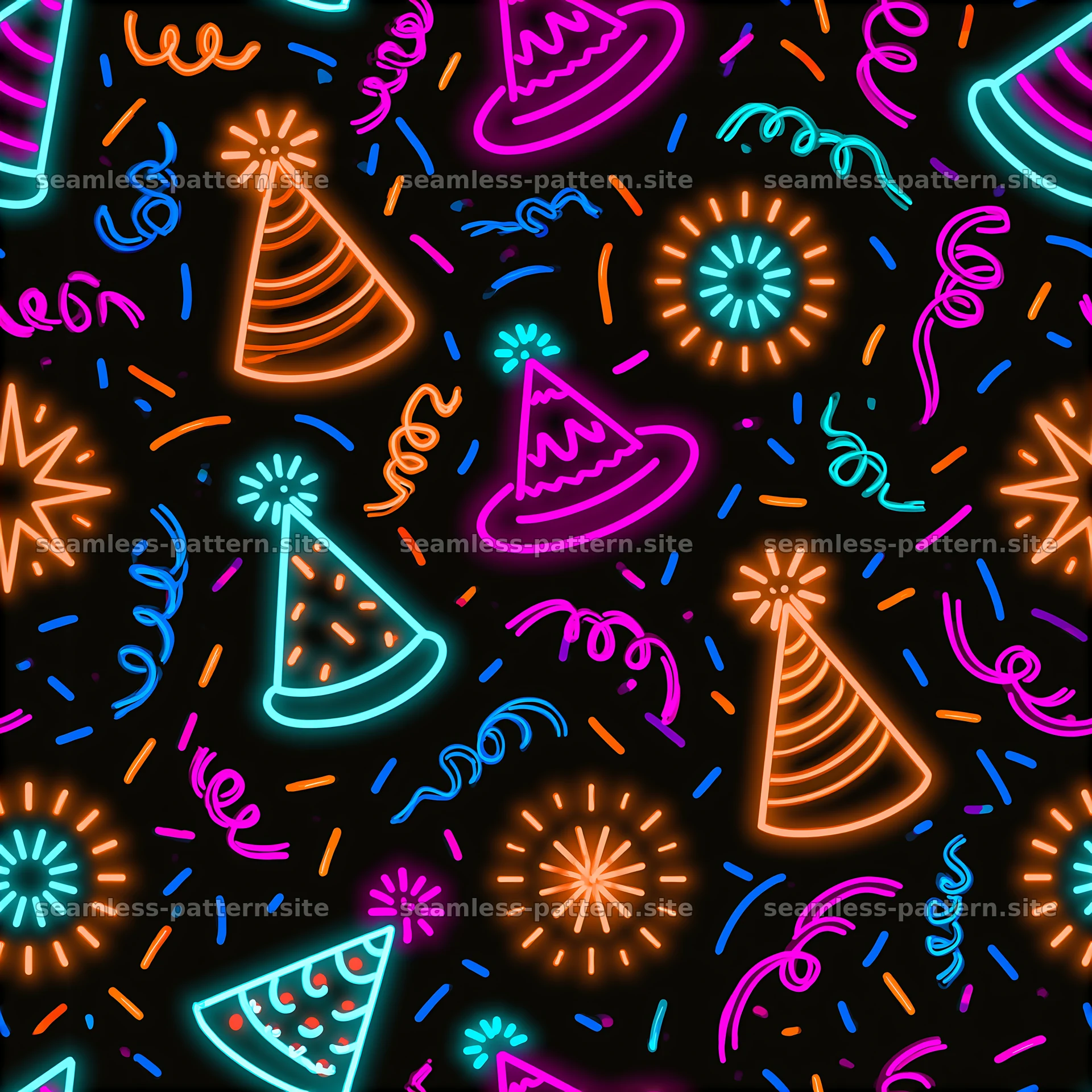 Colorful party hat seamless pattern with bright neon style — seamless tileable pattern at 8192x8192