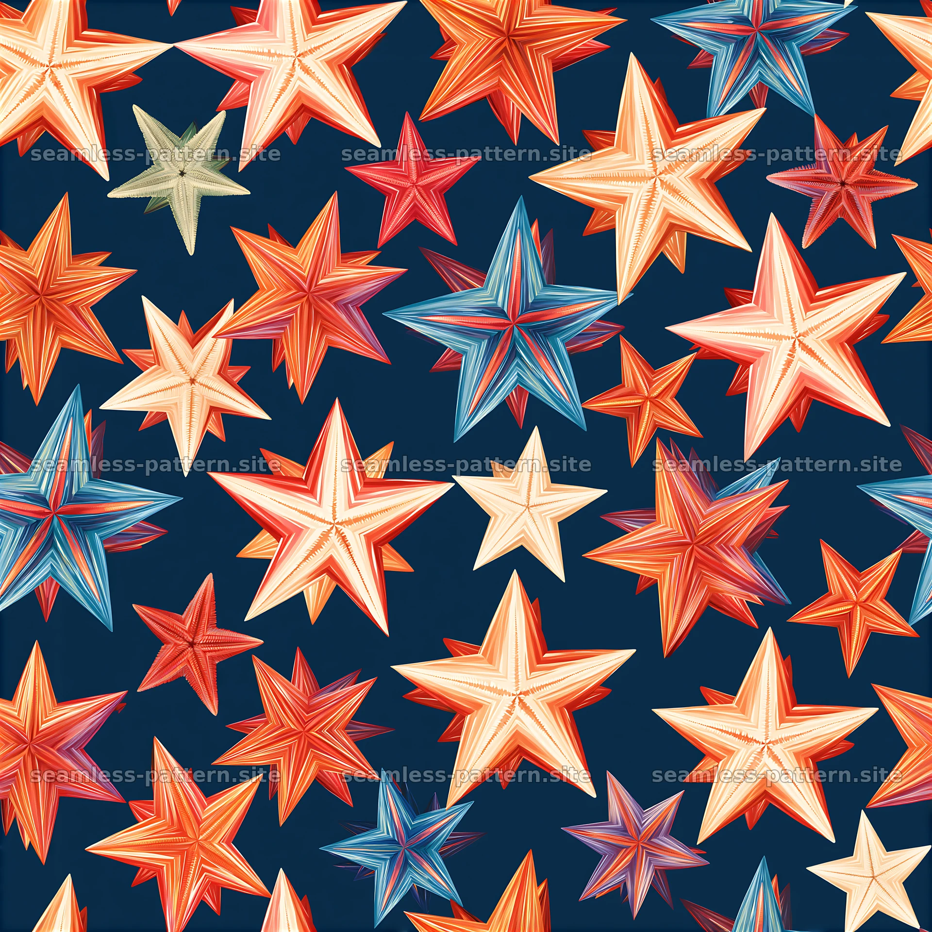 Colorful Star Seamless Pattern on Navy Background — seamless tileable pattern at 8192x8192