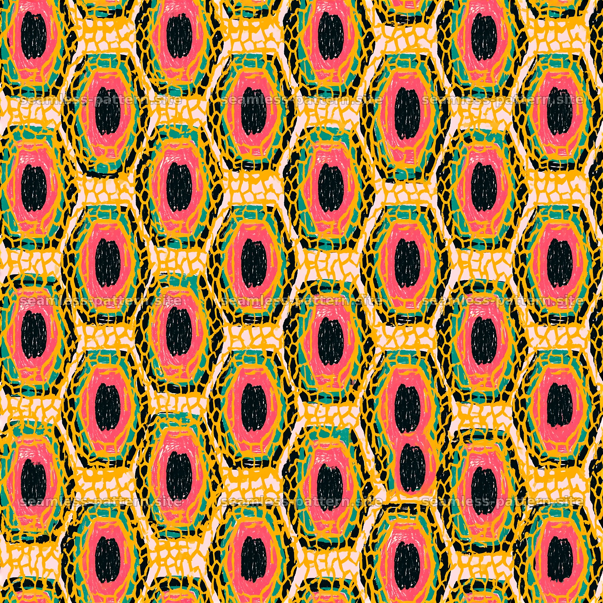 Bold hexagon pattern with red, gold, green, and black tones — seamless tileable pattern at 8192x8192