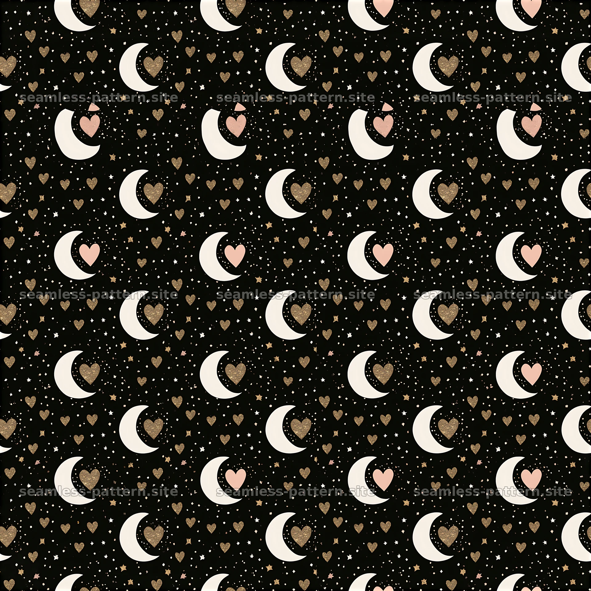Seamless heart and moon pattern over dark background with stars — seamless tileable pattern at 8192x8192