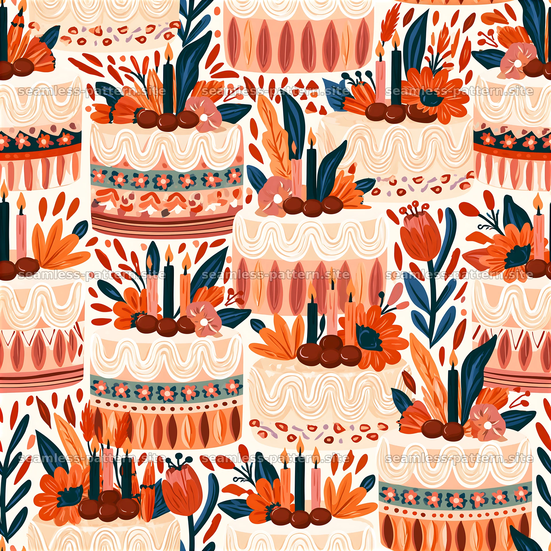 Birthday Cake and Floral Candle Seamless Pattern — seamless tileable pattern at 8192x8192