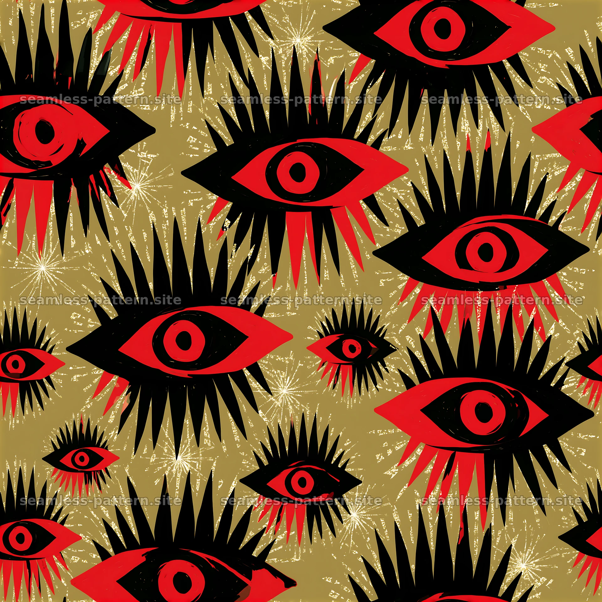 Funky black red gold seamless pattern with bold eye motifs — seamless tileable pattern at 8192x8192