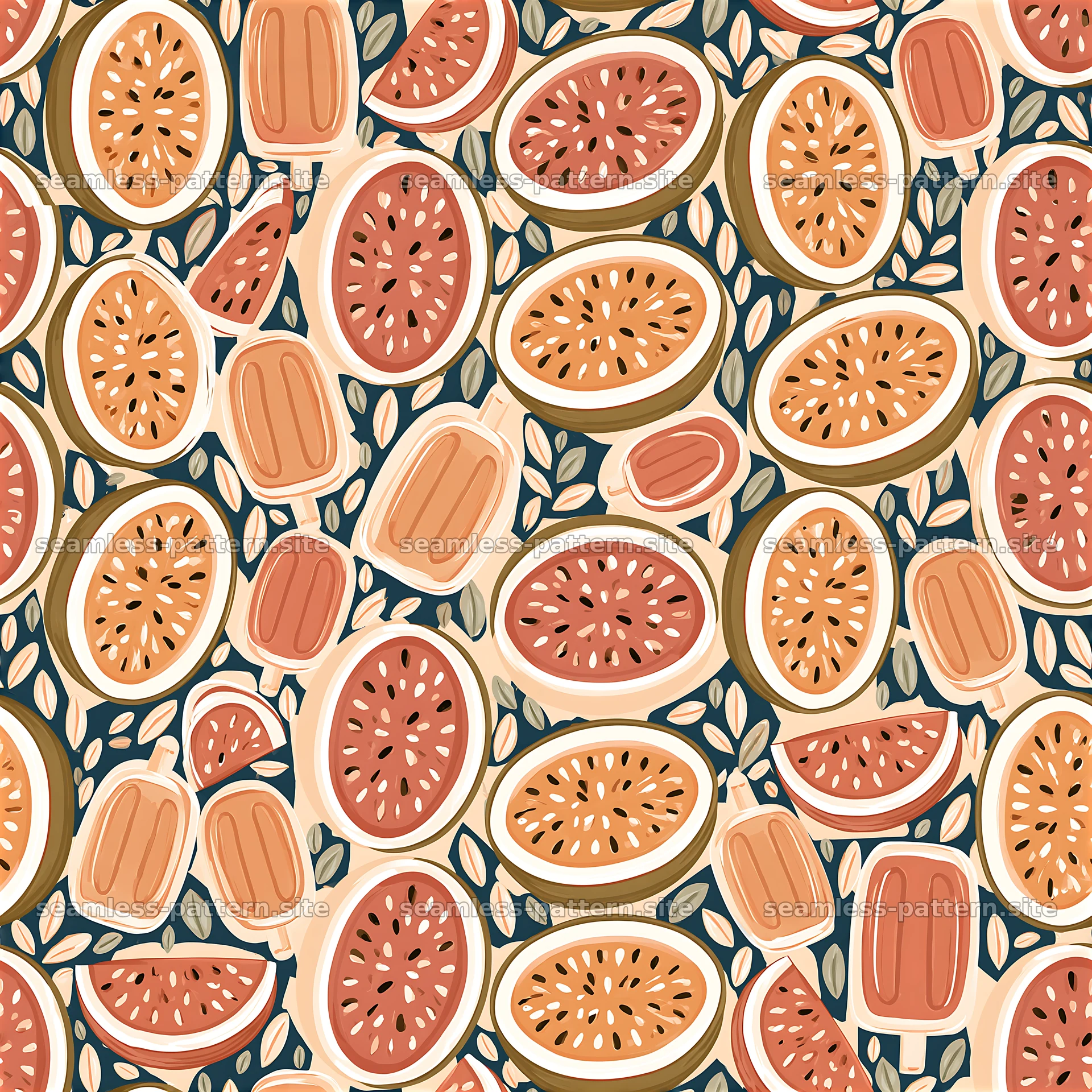 Colorful watermelon, popsicles, and leaves on cream — seamless tileable pattern at 8192x8192