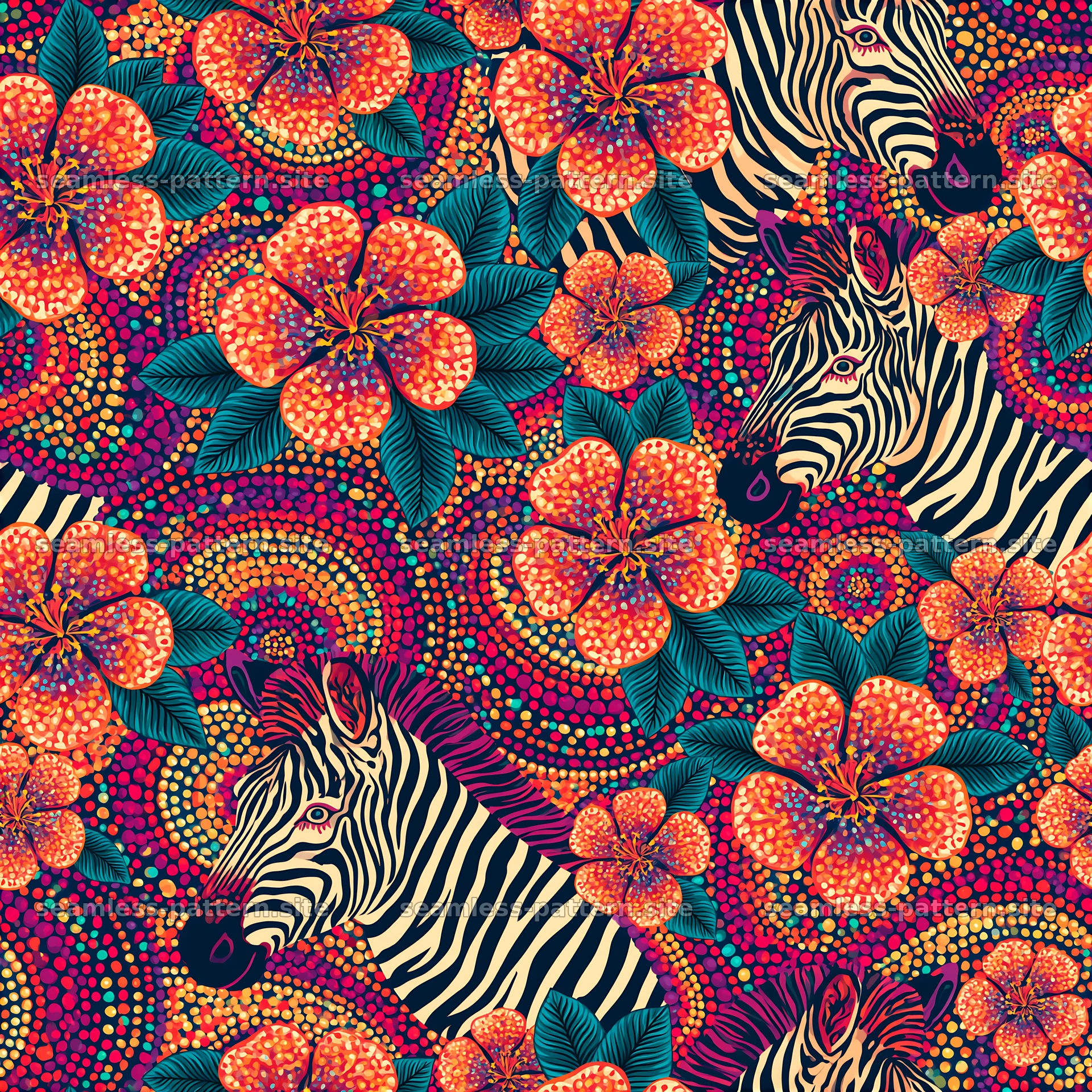 Colorful zebras and flowers in a seamless pattern for design projects — seamless tileable pattern at 8192x8192