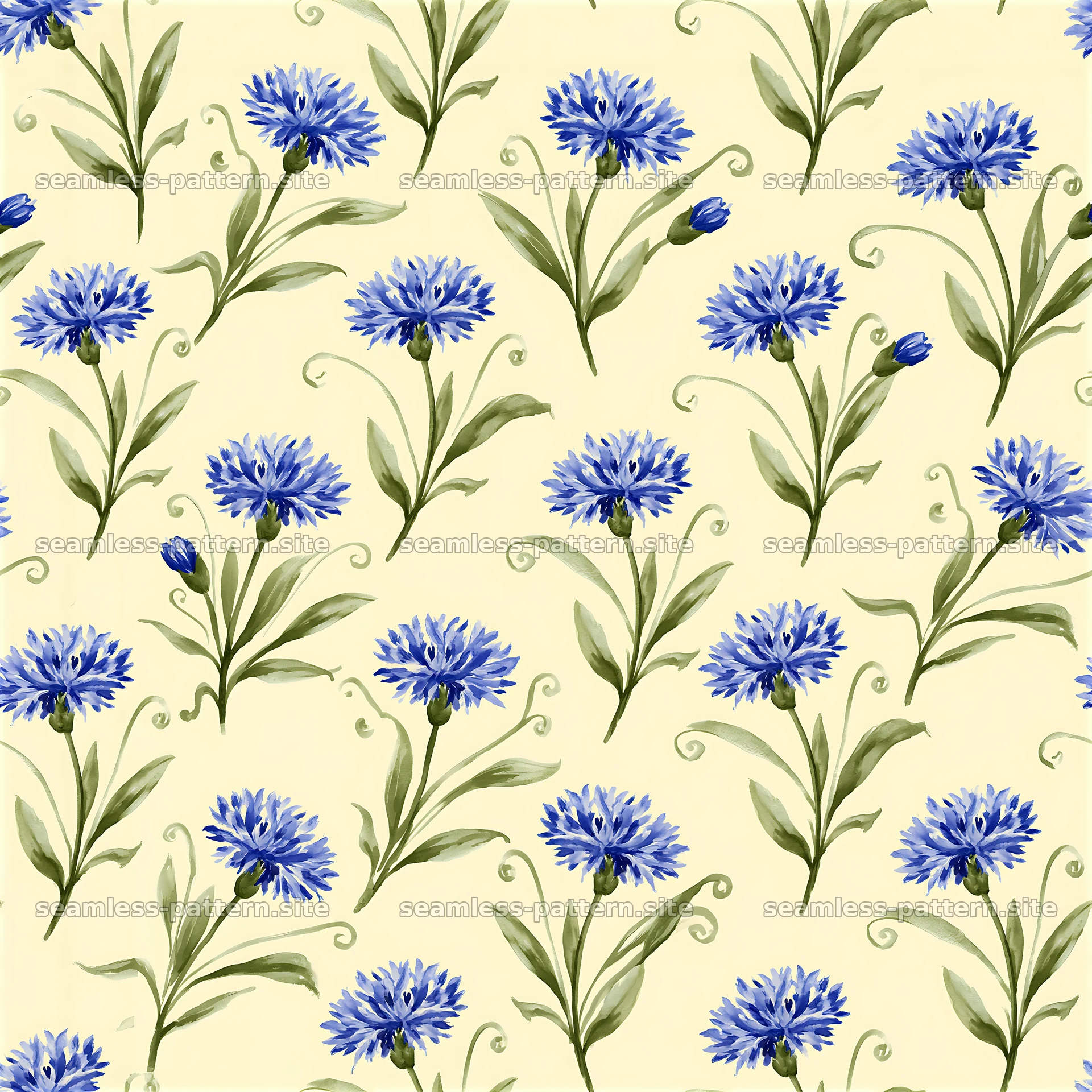 Repeating watercolor cornflower pattern on a light background — seamless tileable pattern at 8192x8192