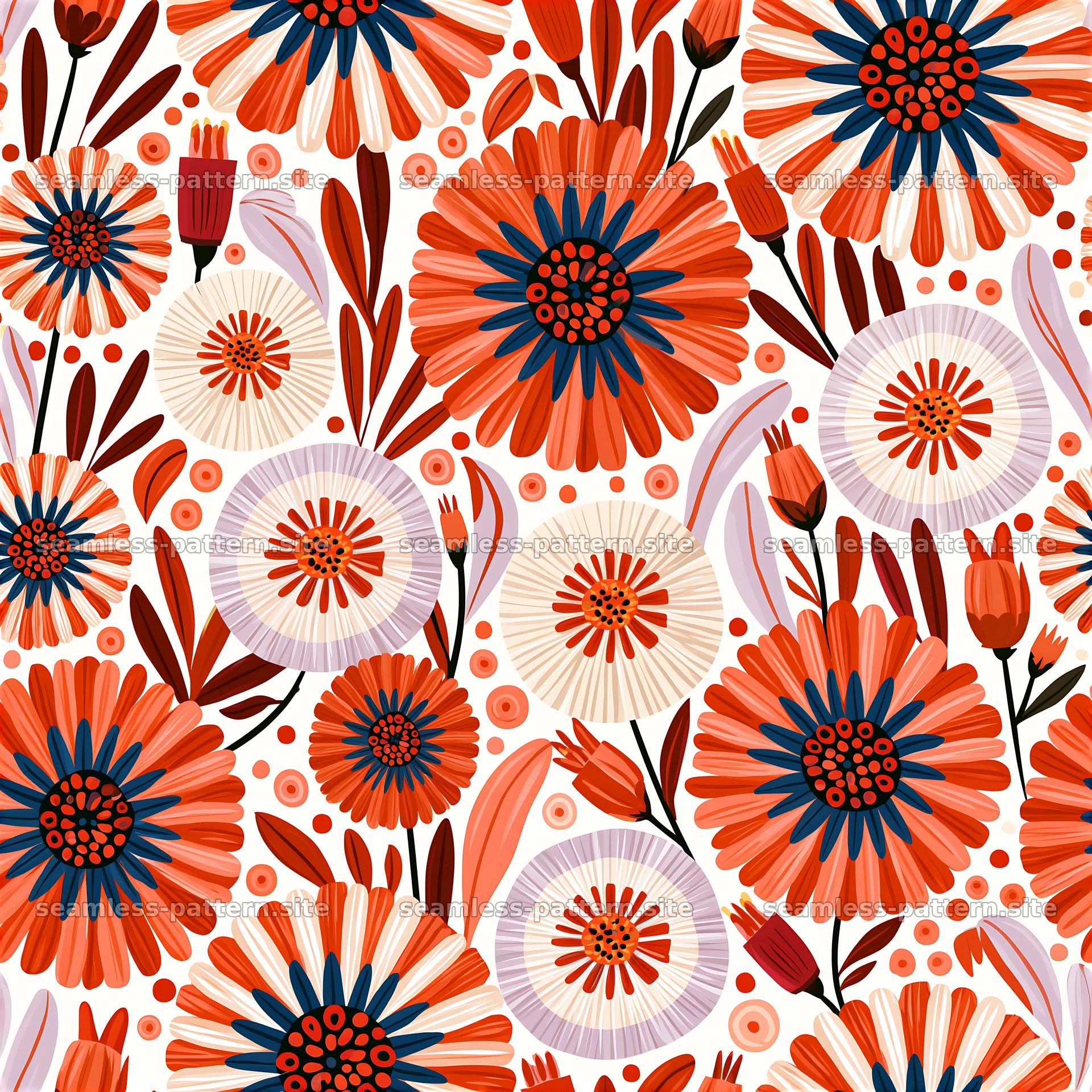 Colorful flowers in a seamless pattern with bold shapes and colors — seamless tileable pattern at 8192x8192