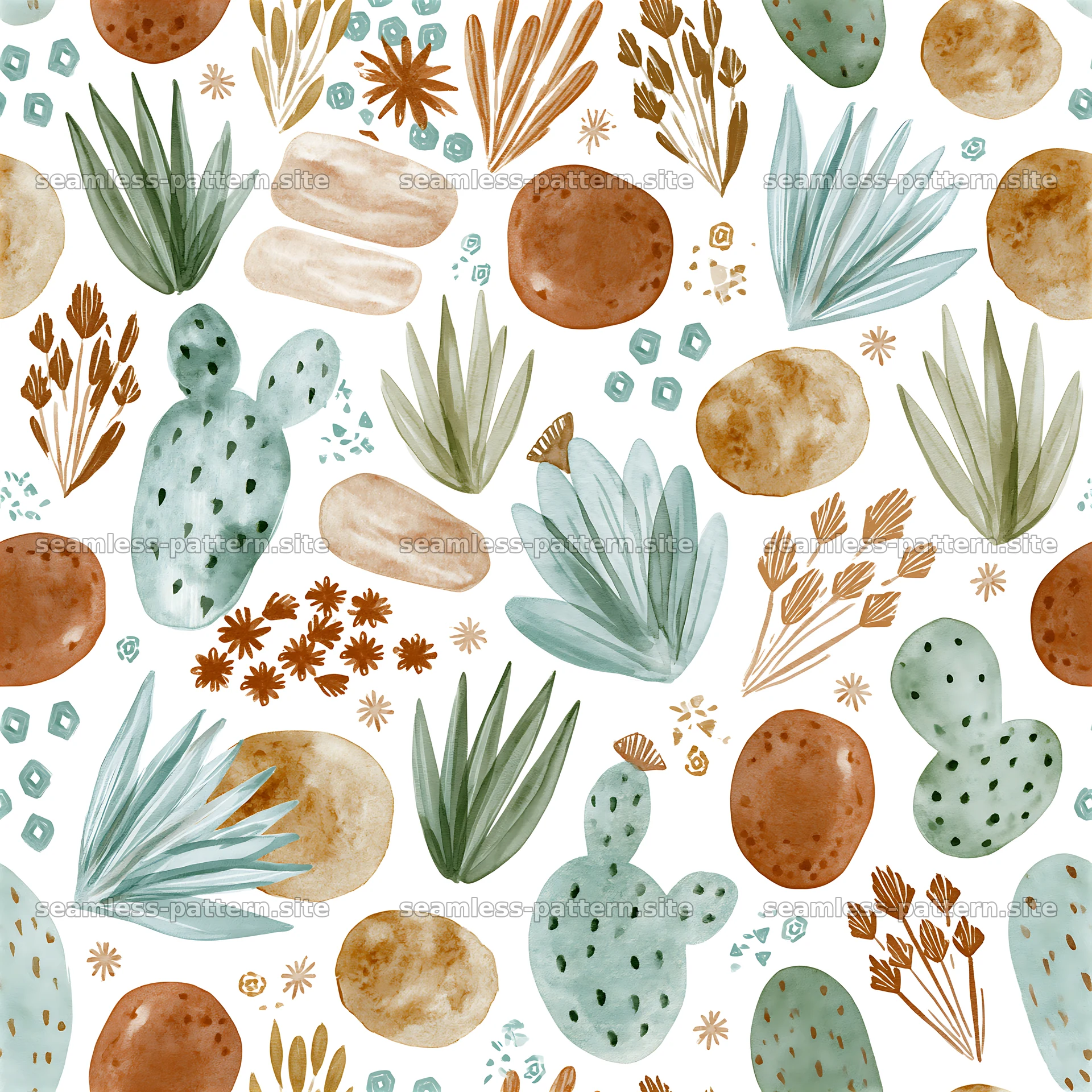 Seamless watercolor textile pattern with cacti and desert elements — seamless tileable pattern at 8192x8192