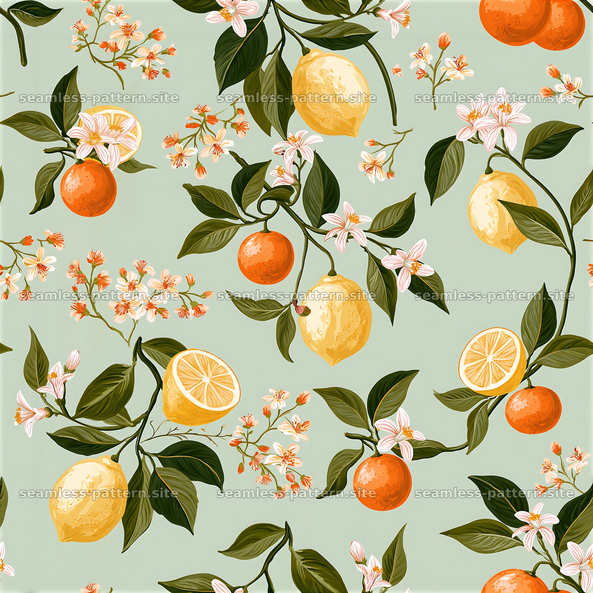 Colorful citrus and blossoms botanical seamless pattern — seamless tileable pattern at 8192x8192