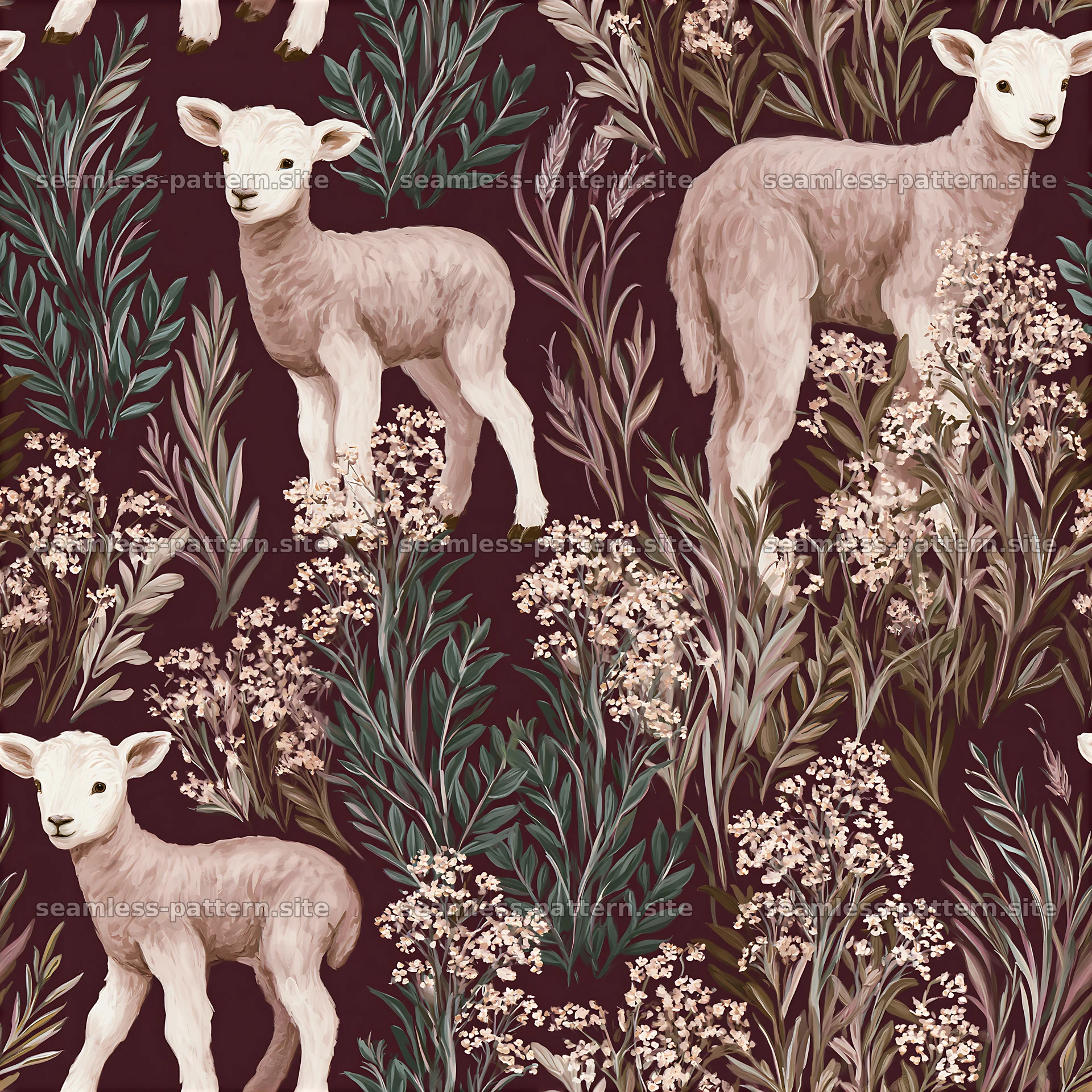 Repeat pattern with gentle lamb illustrations and meadow flowers — seamless tileable pattern at 8192x8192