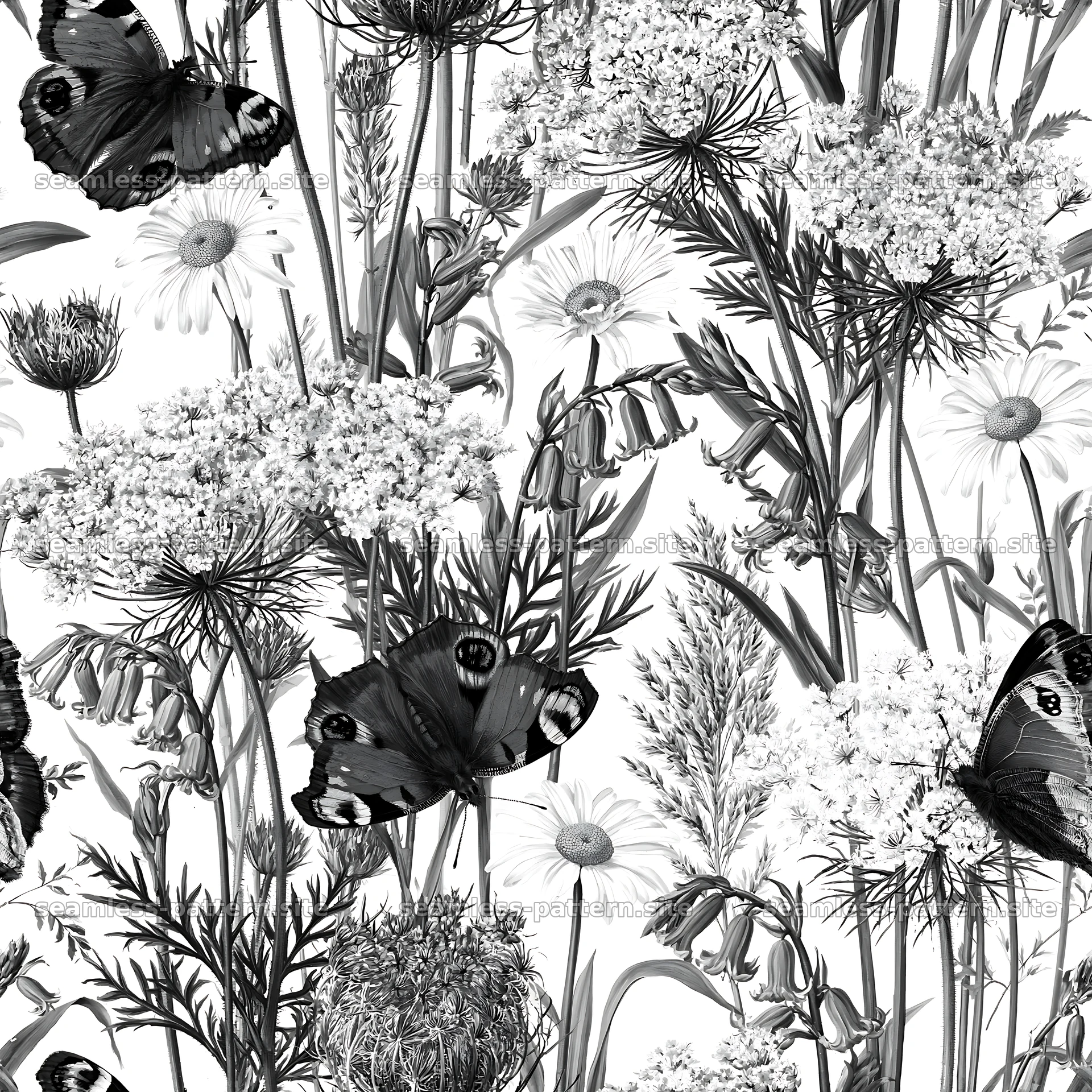 Butterfly and wildflower seamless pattern in black and white — seamless tileable pattern