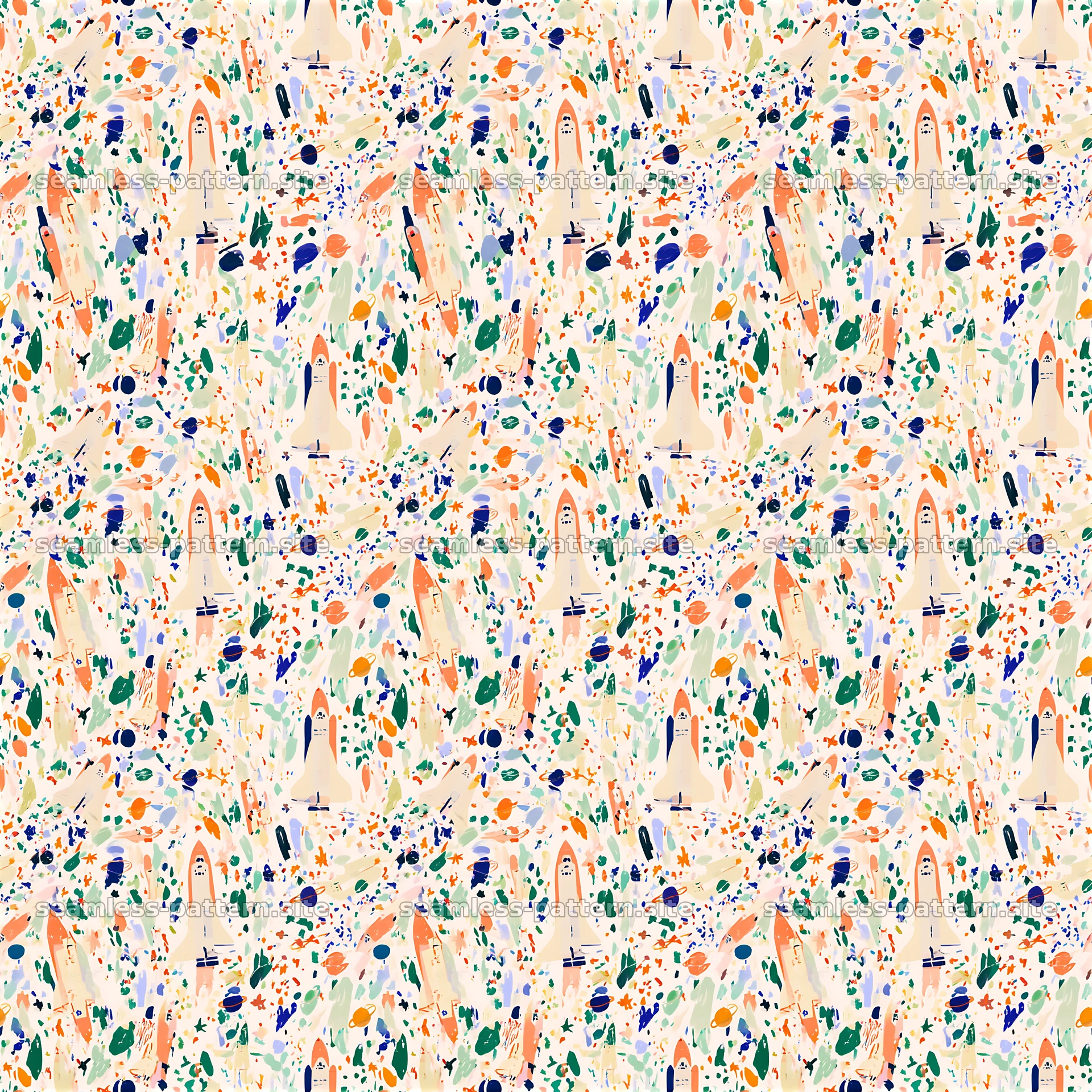Colorful Space Rocket and Planet Seamless Pattern — seamless tileable pattern at 8192x8192