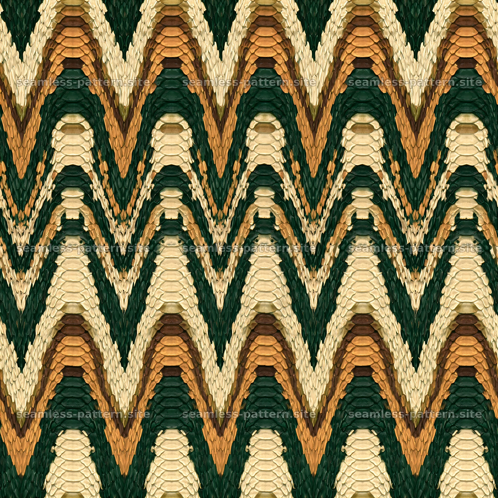 Seamless banded snake skin pattern with zigzag shapes in brown and green — seamless tileable pattern at 8192x8192