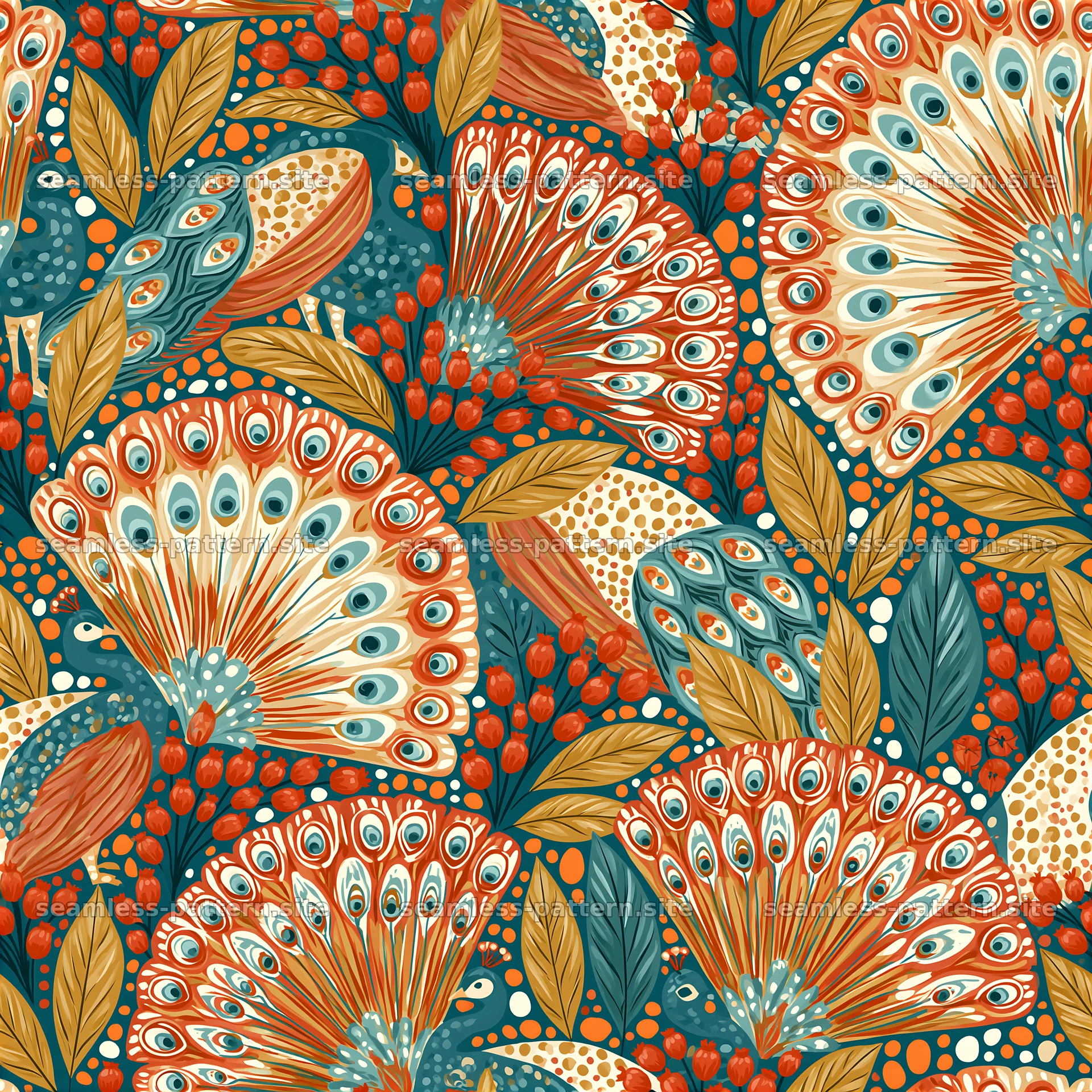 Funky boho seamless pattern with vibrant leaves and intricate details — seamless tileable pattern at 8192x8192