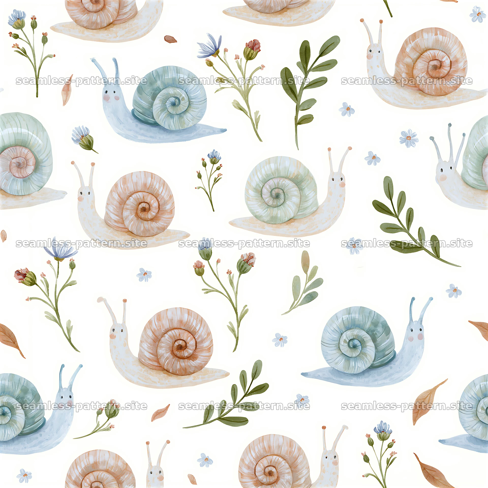Cute snail seamless pattern for kids with flowers and leaves — seamless tileable pattern at 8192x8192