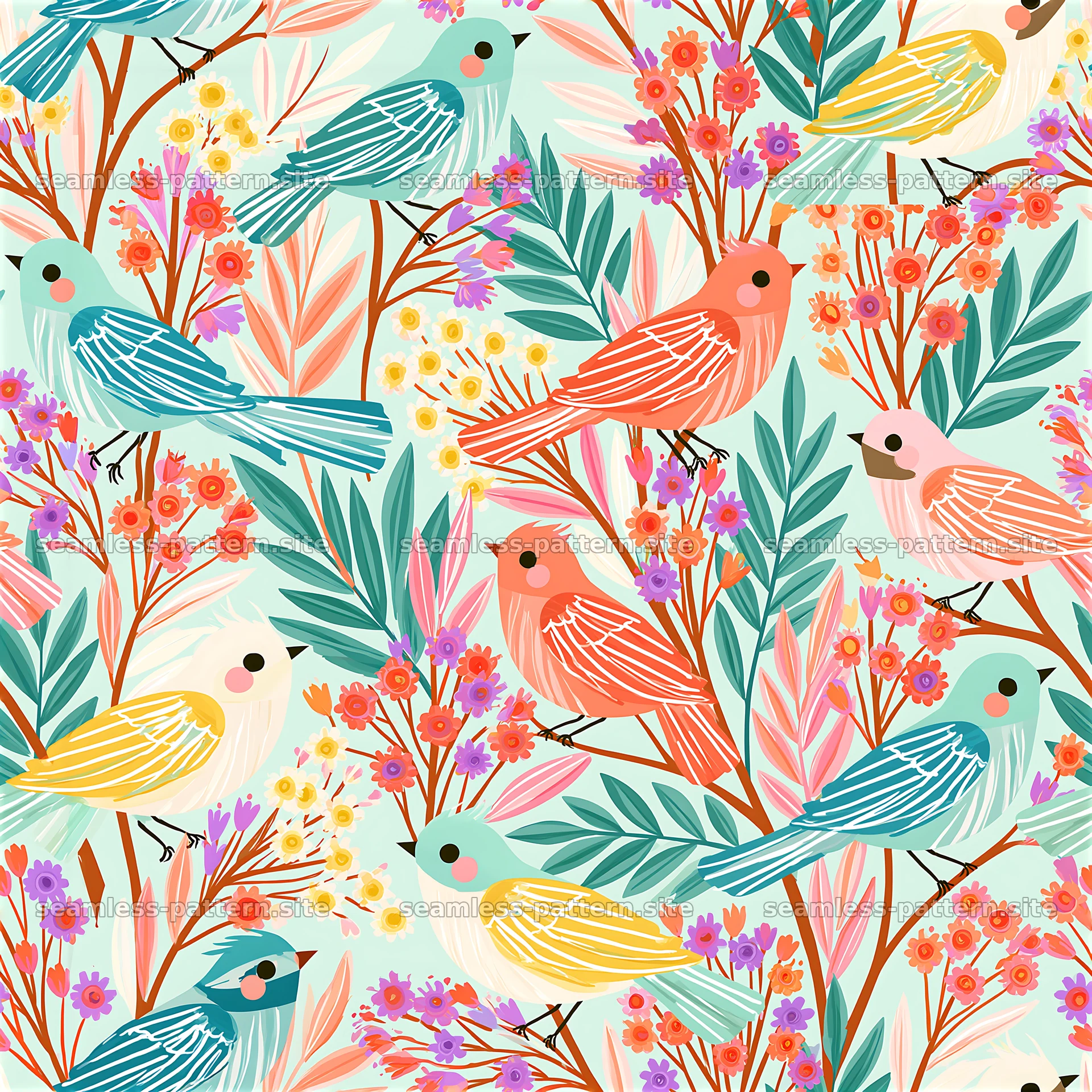 Colorful birds and flowers in a seamless pattern design — seamless tileable pattern at 8192x8192