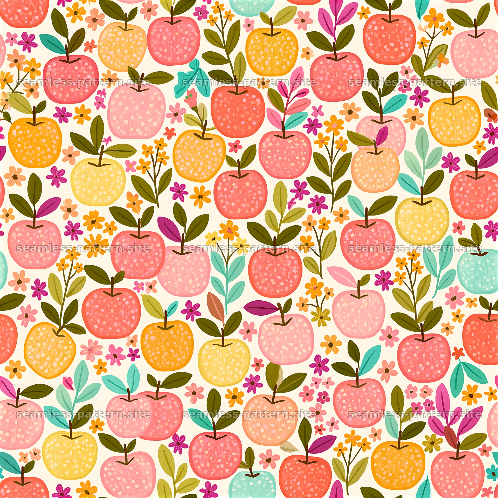 Colorful apples with flowers create a seamless pattern design — seamless tileable pattern at 8192x8192