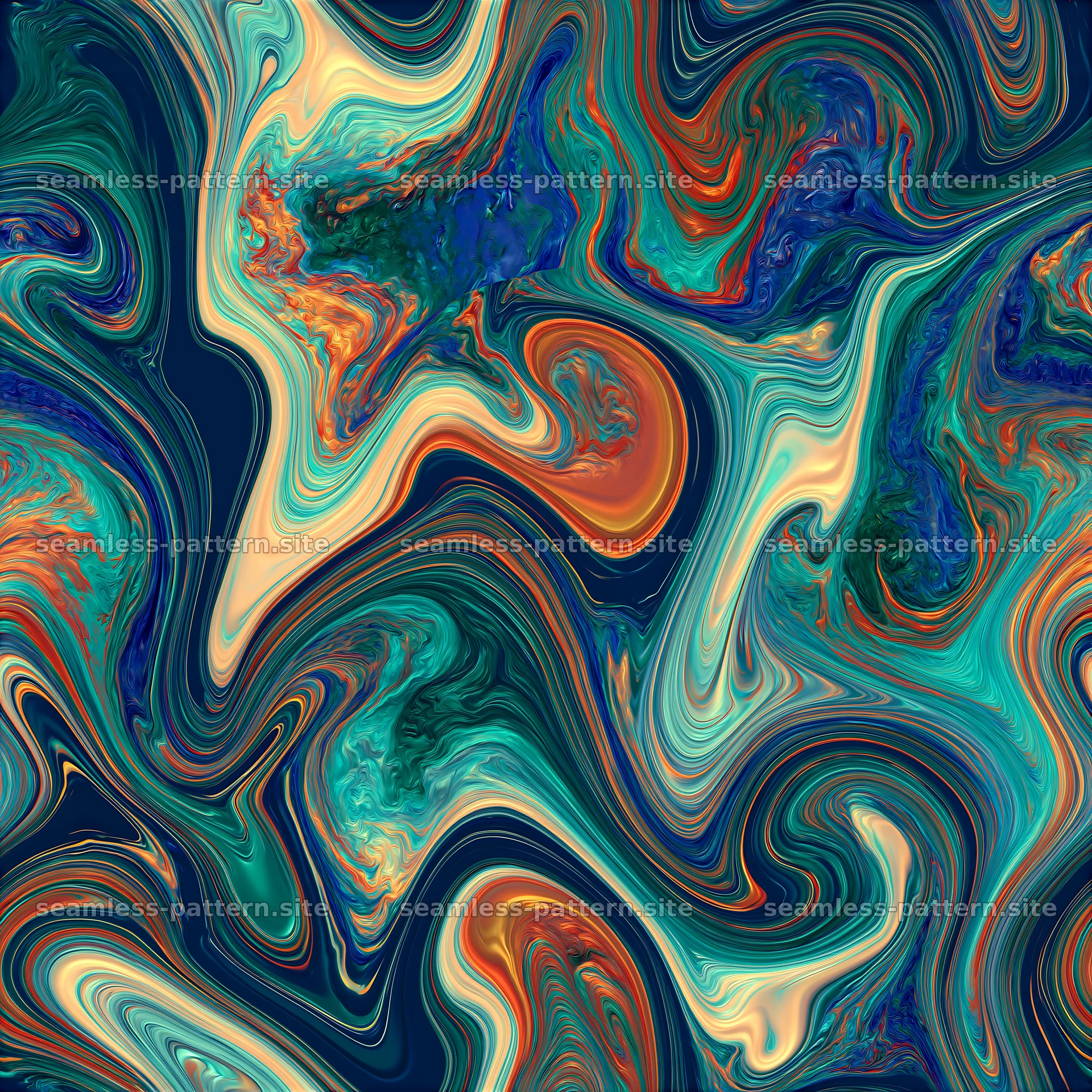 Colorful liquid swirls seamless pattern with flowing shapes and hues — seamless tileable pattern at 8192x8192