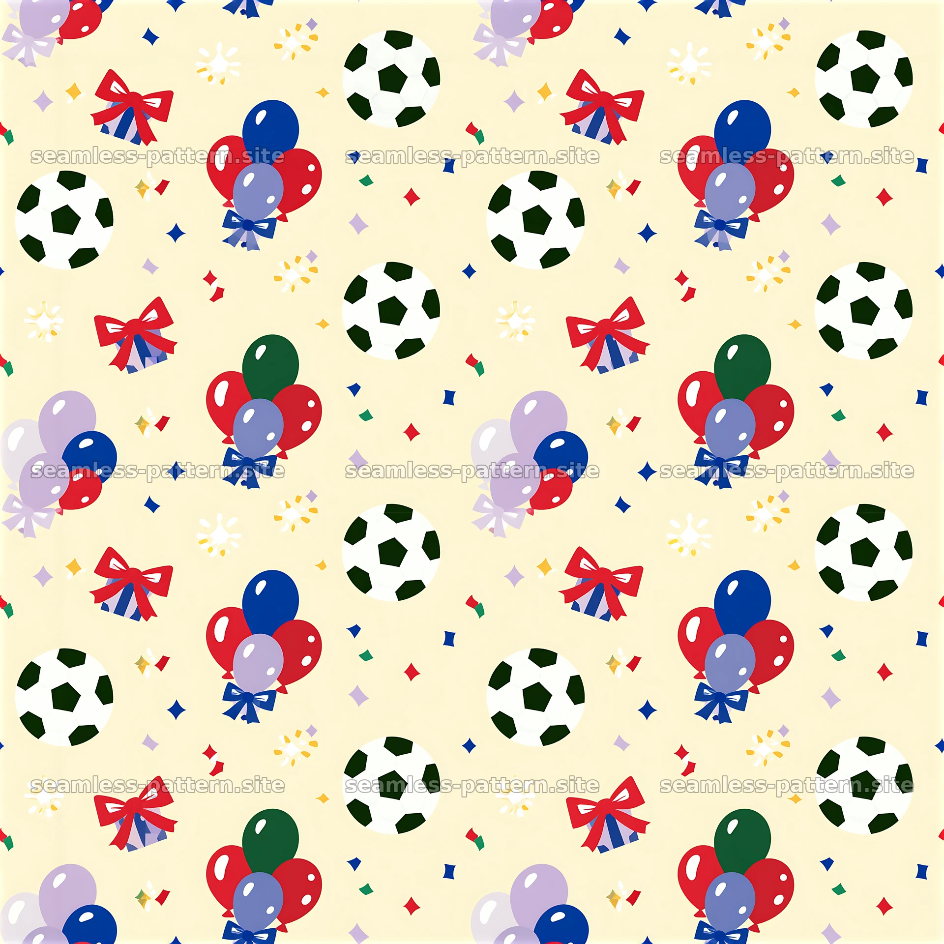 Birthday soccer balls seamless pattern with balloons and festive — seamless tileable pattern at 8192x8192