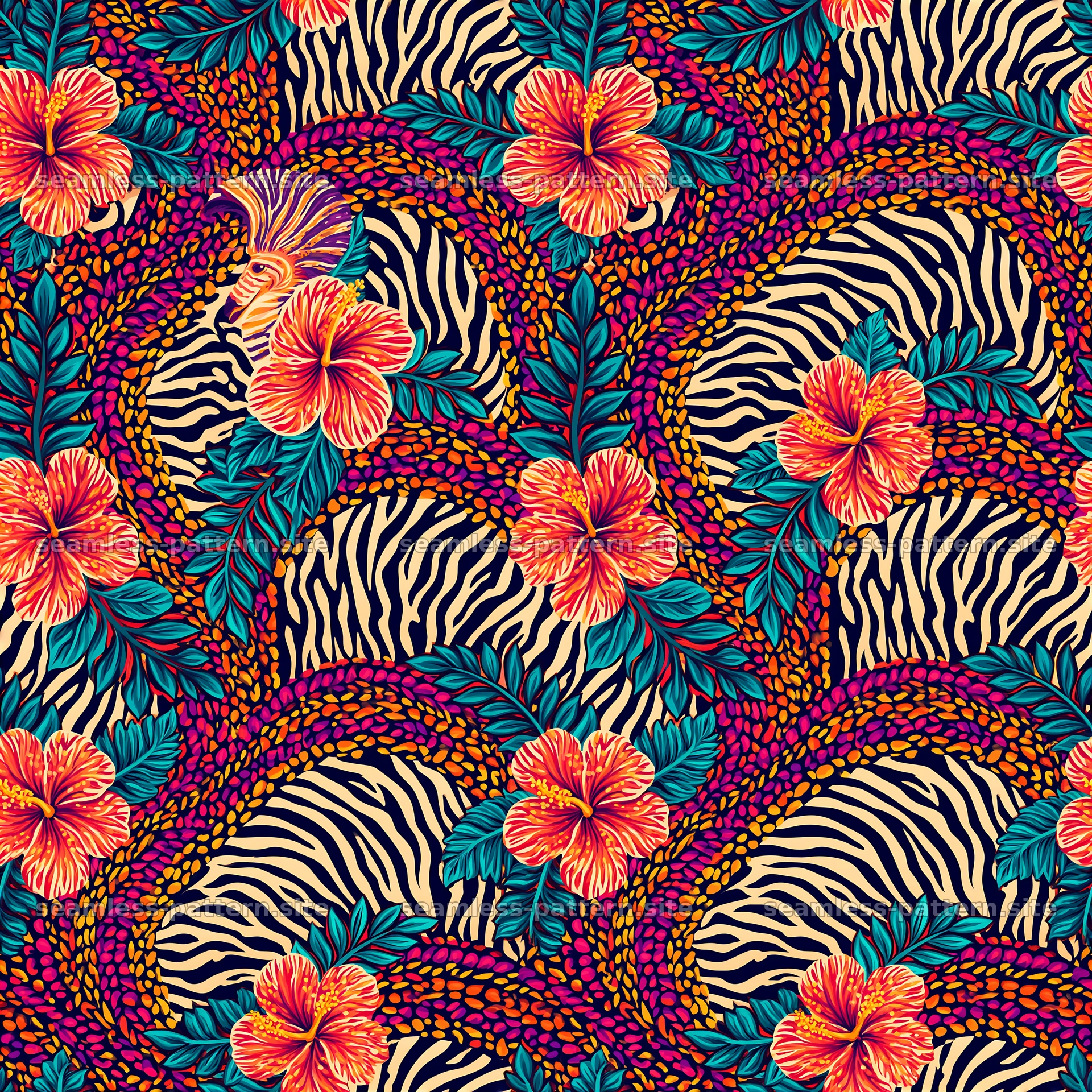 Colorful safari floral seamless pattern with zebra stripes — seamless tileable pattern at 8192x8192