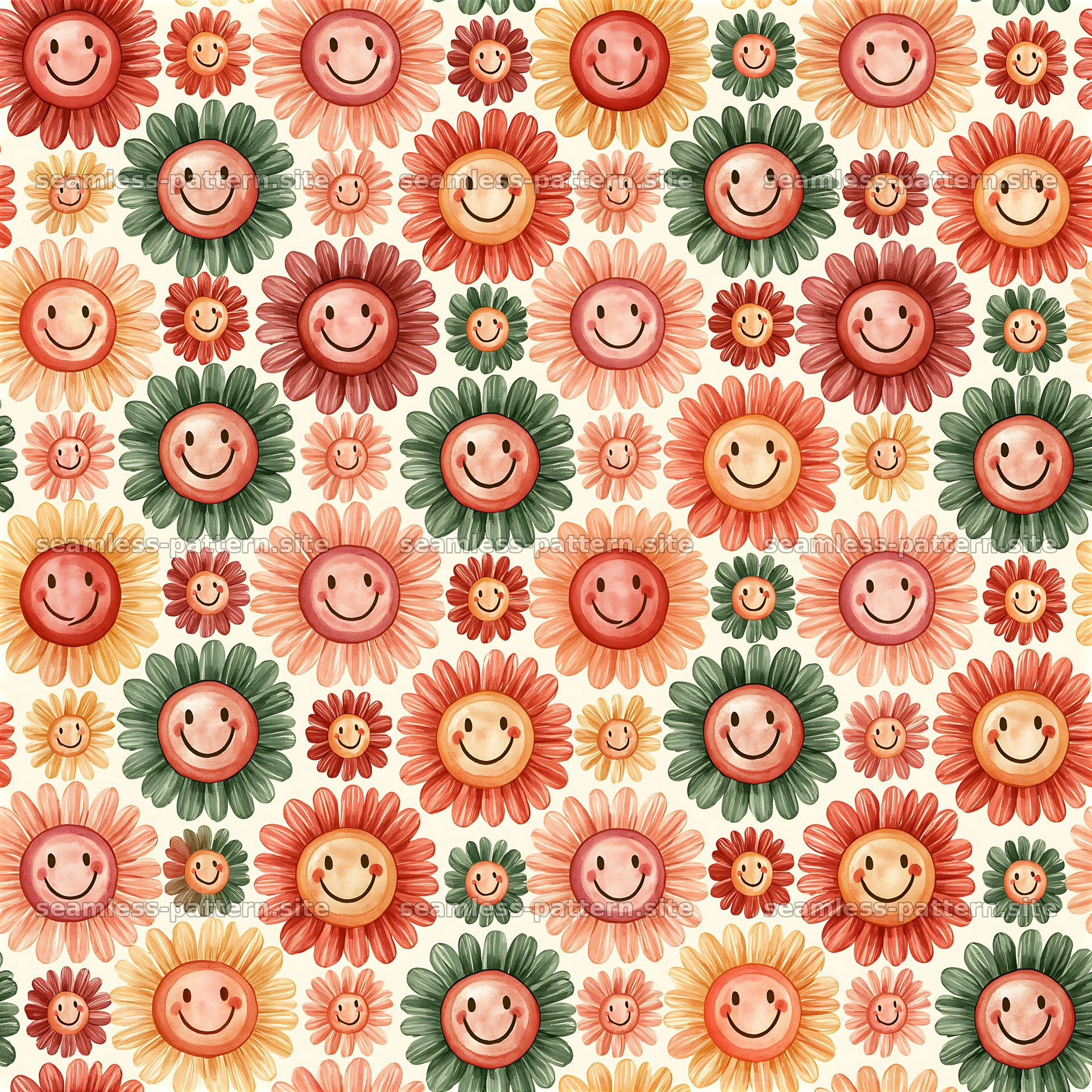 Colorful flowers with smiling faces in a seamless pattern design — seamless tileable pattern at 8192x8192