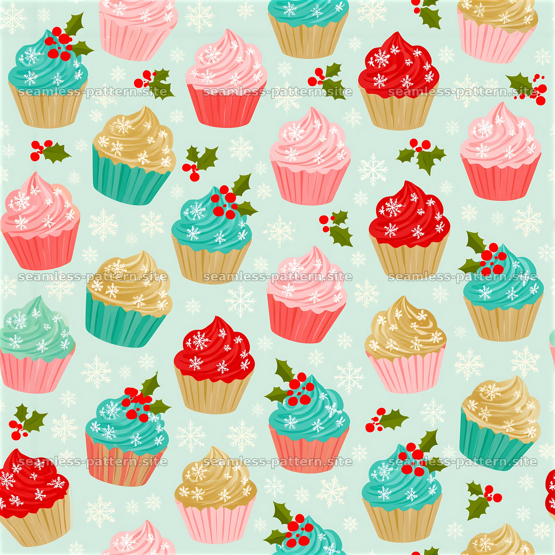 Colorful Christmas seamless pattern with colorful cupcakes — seamless tileable pattern at 8192x8192