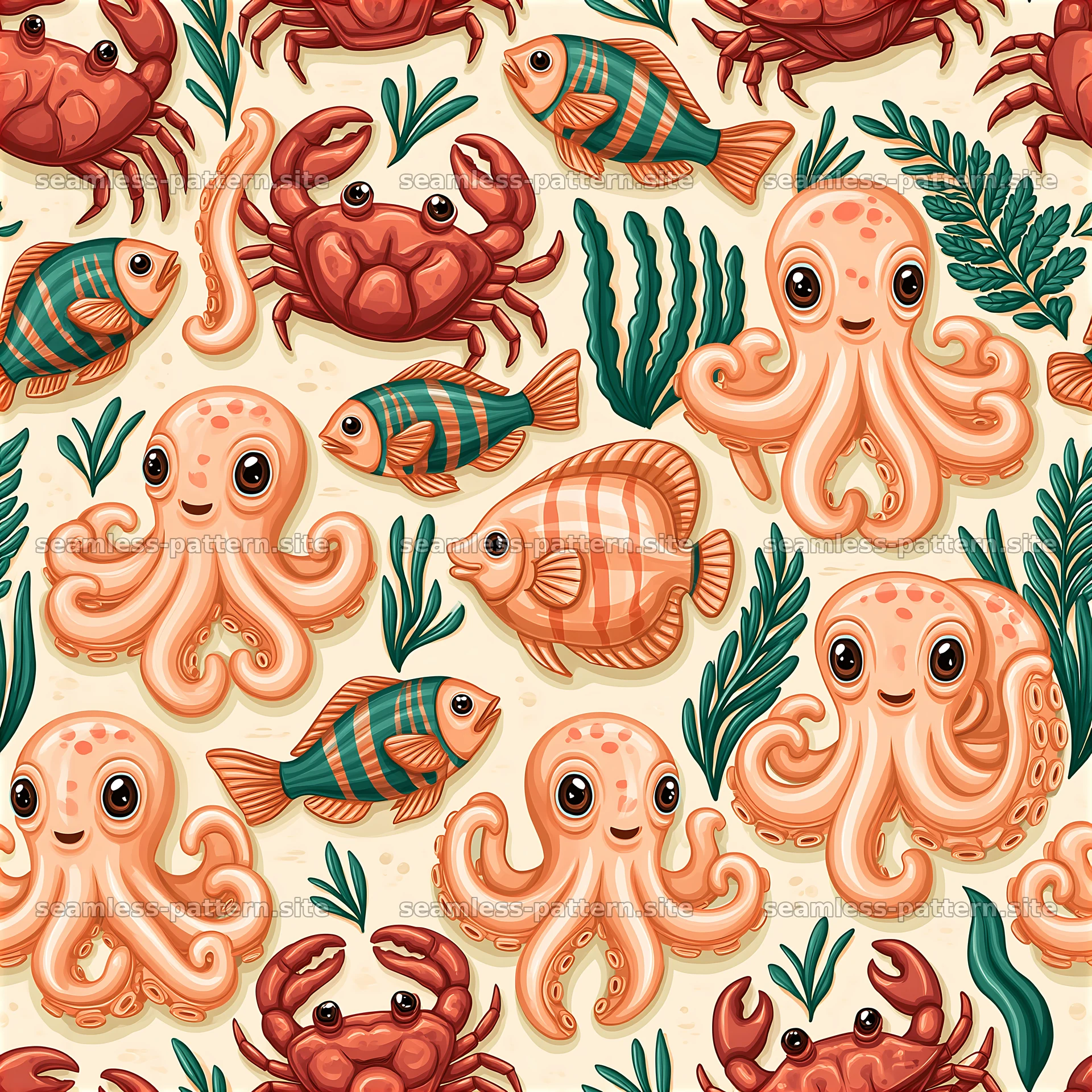 Cute ocean animals design with friendly fish and crabs — seamless tileable pattern at 8192x8192