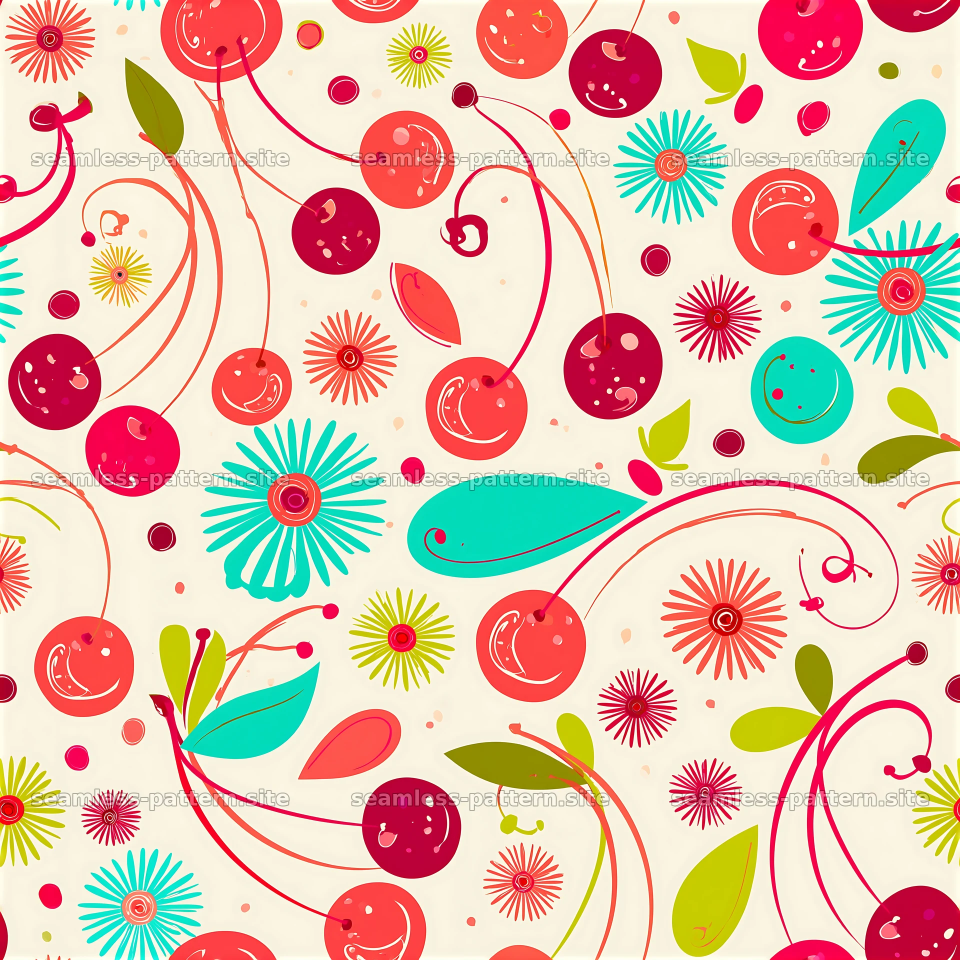 Colorful cherry seamless pattern with flowers and leaves — seamless tileable pattern at 8192x8192