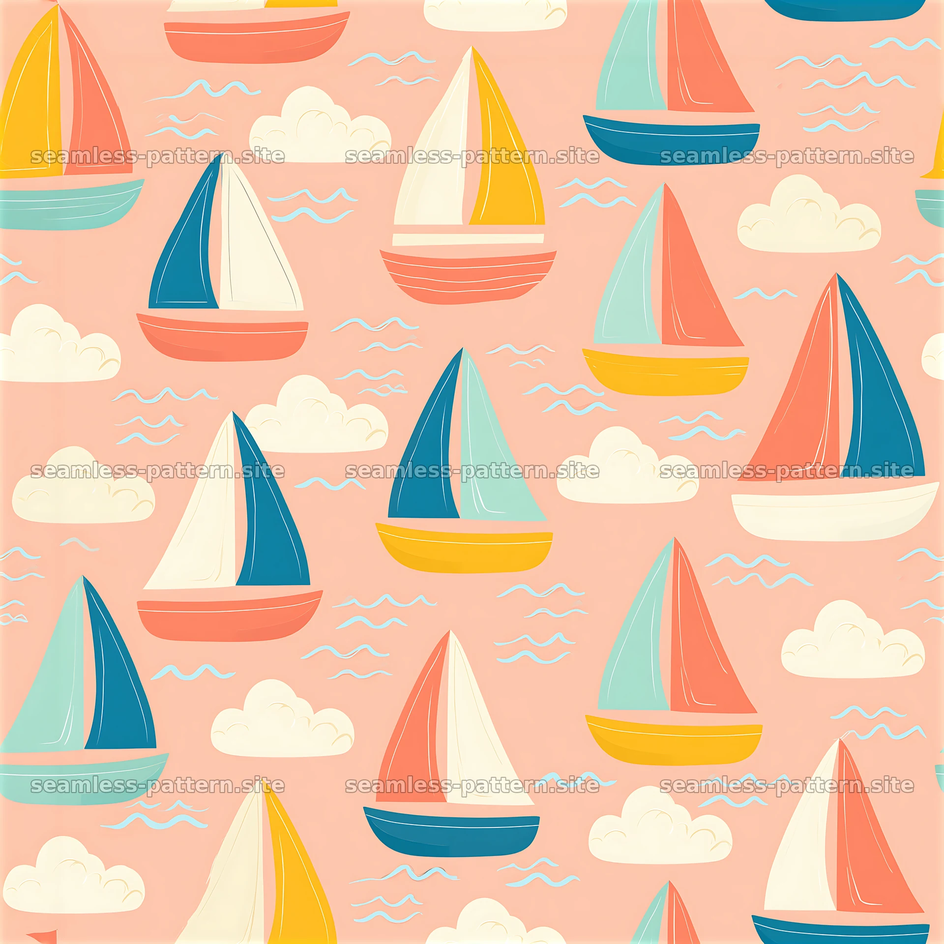 Colorful Sailboat Seamless Pattern on Peach Background — seamless tileable pattern at 8192x8192