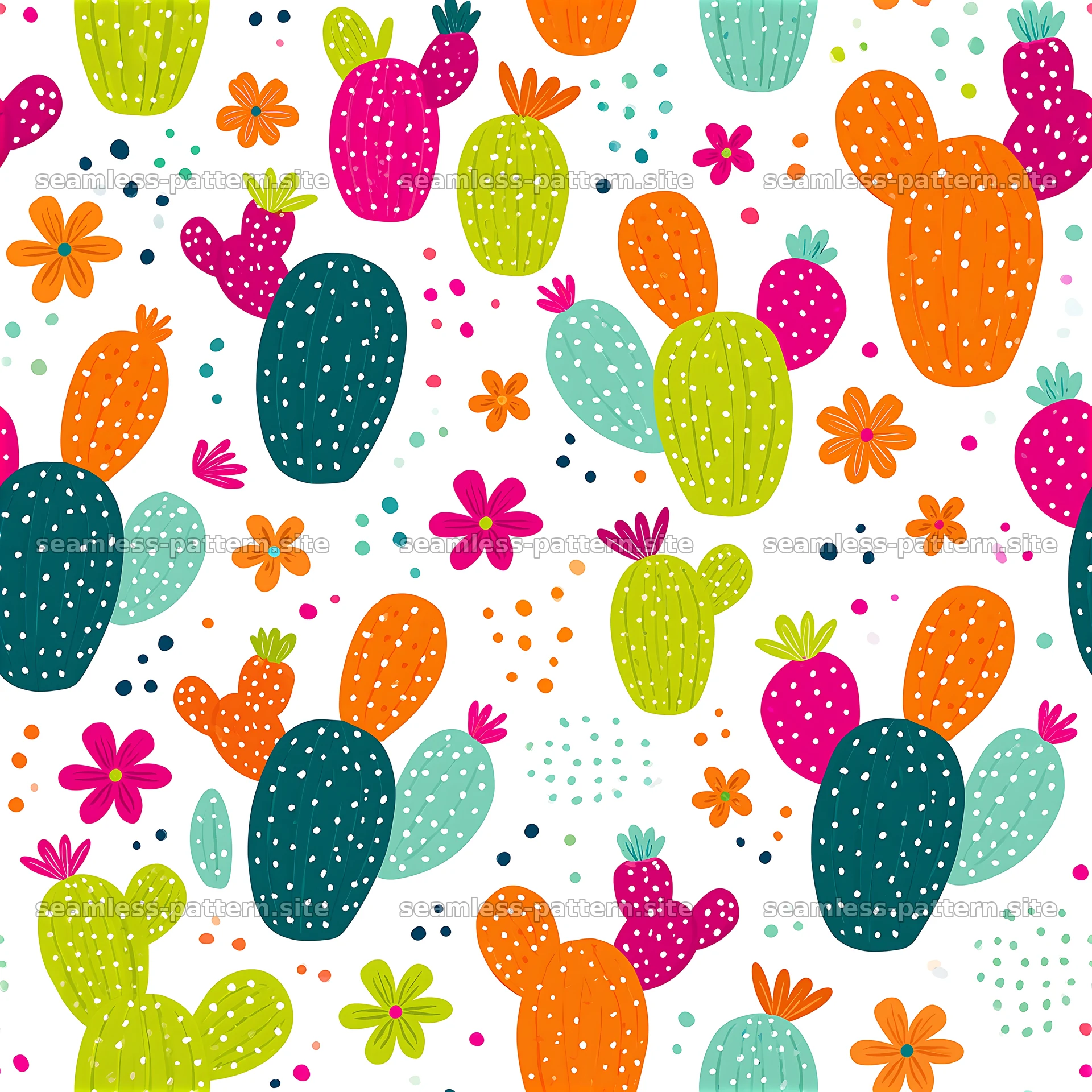 Colorful cactus seamless pattern with flowers and dots — seamless tileable pattern at 8192x8192