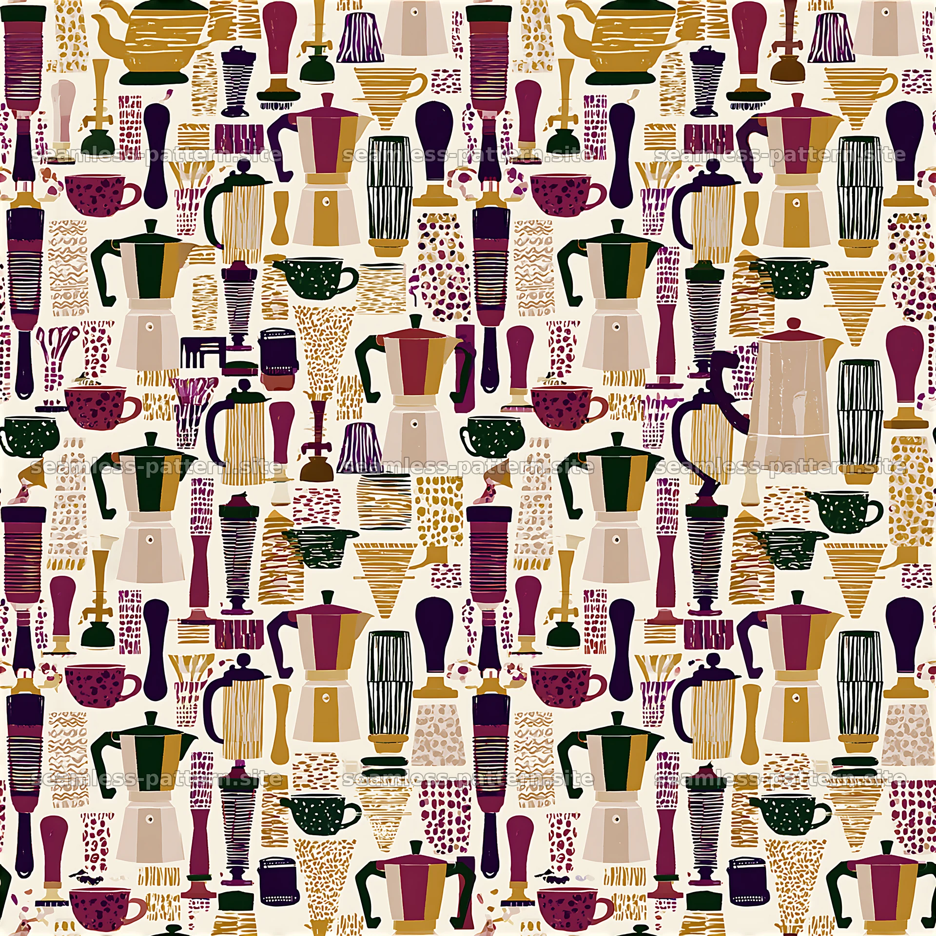 Colorful seamless pattern of coffee equipment on light background — seamless tileable pattern at 8192x8192