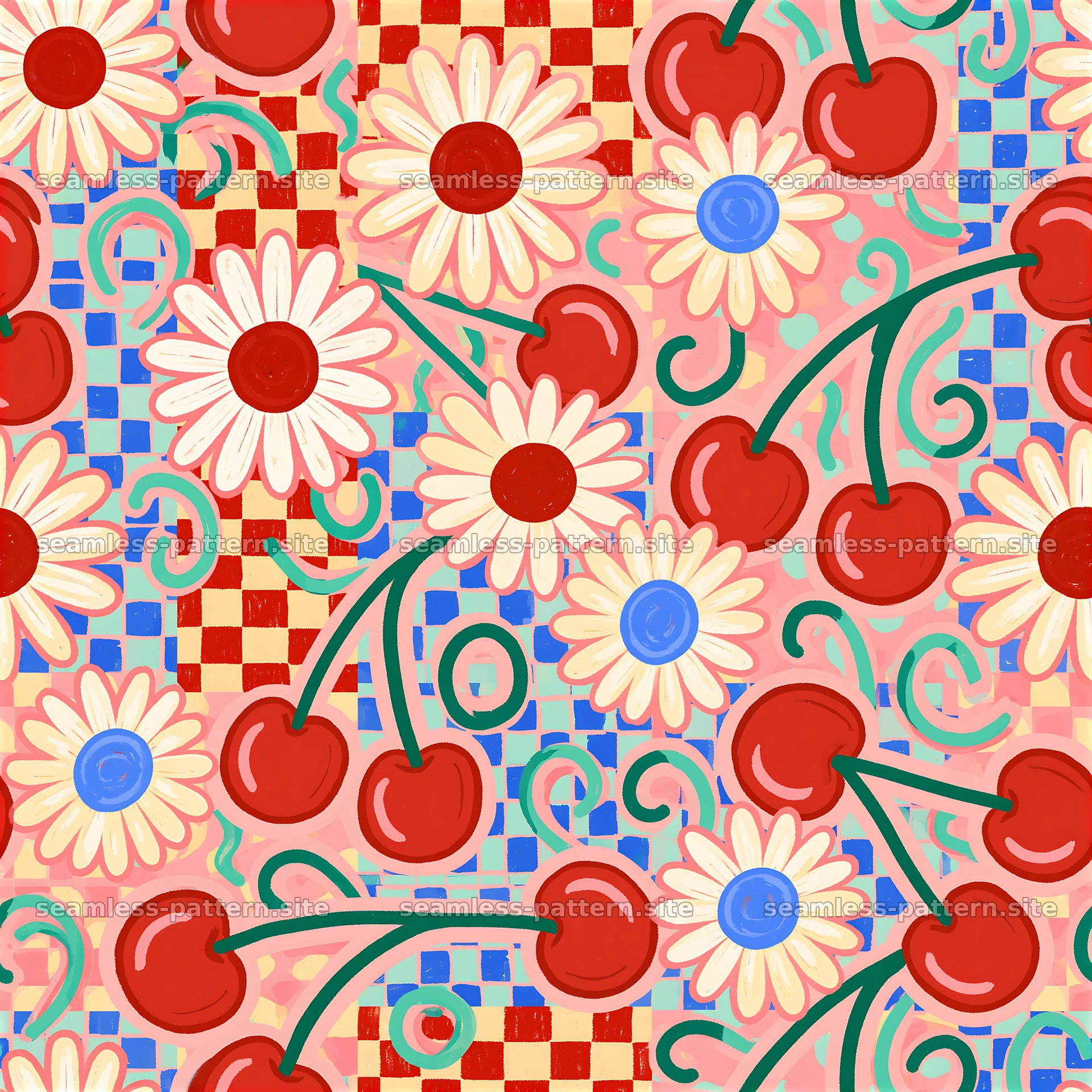 Bright Eclectic Cherry and Daisy Seamless Pattern — seamless tileable pattern at 8192x8192