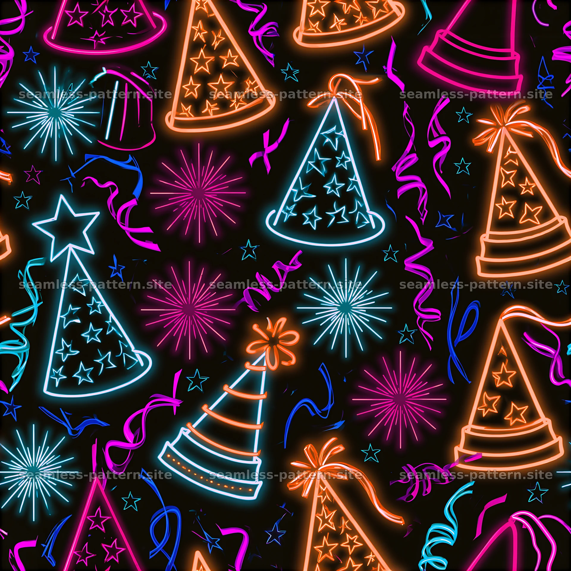 Birthday Party Hats and Confetti Neon Seamless Pattern — seamless tileable pattern at 8192x8192