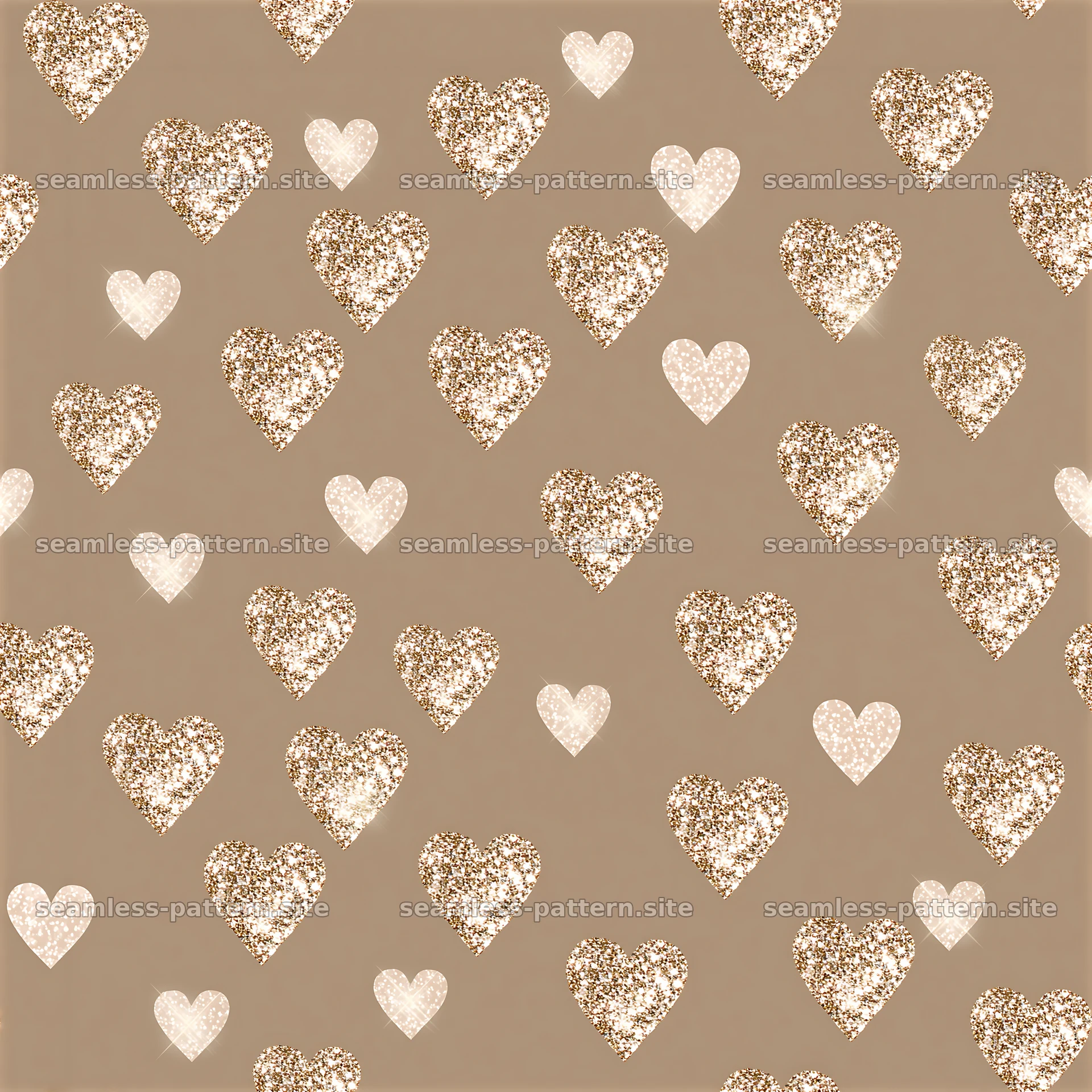 Glitter hearts in a seamless pattern on a soft brown background — seamless tileable pattern at 8192x8192