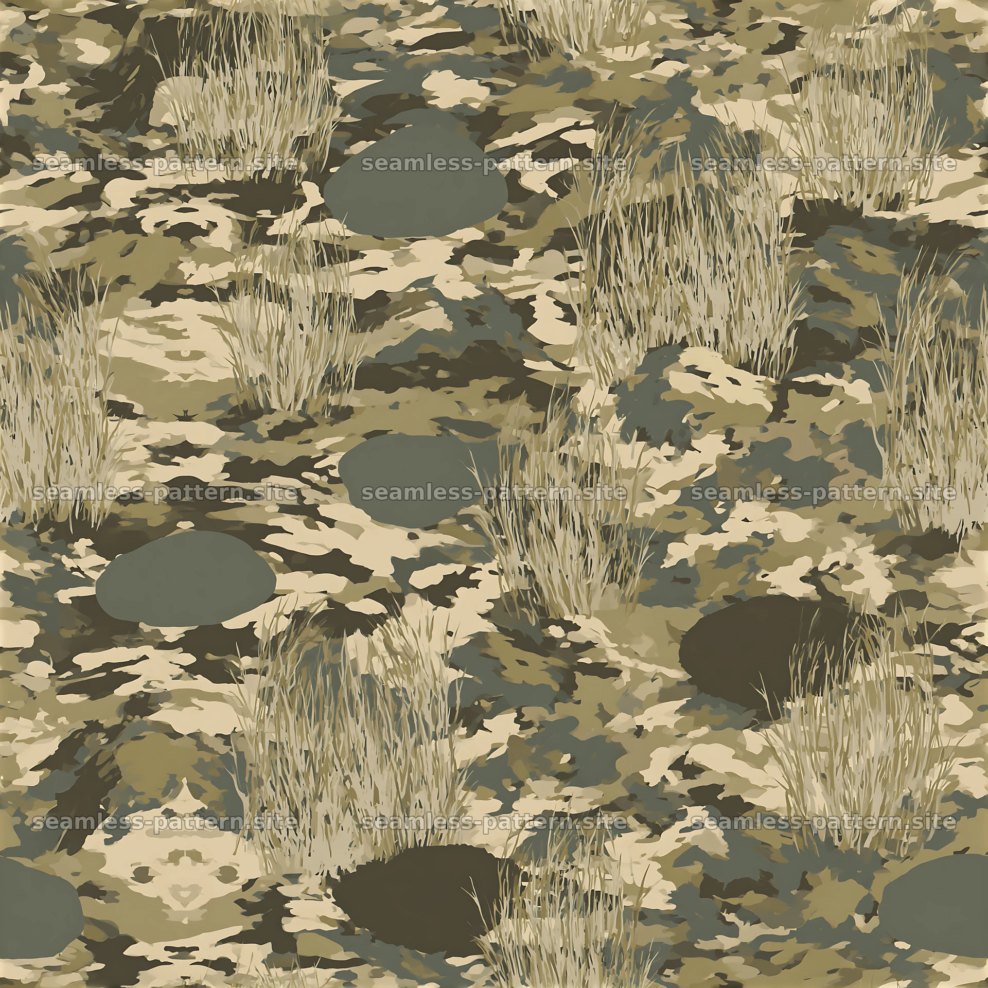 Repeat organic camouflage pattern with grass and stones — seamless tileable pattern at 8192x8192