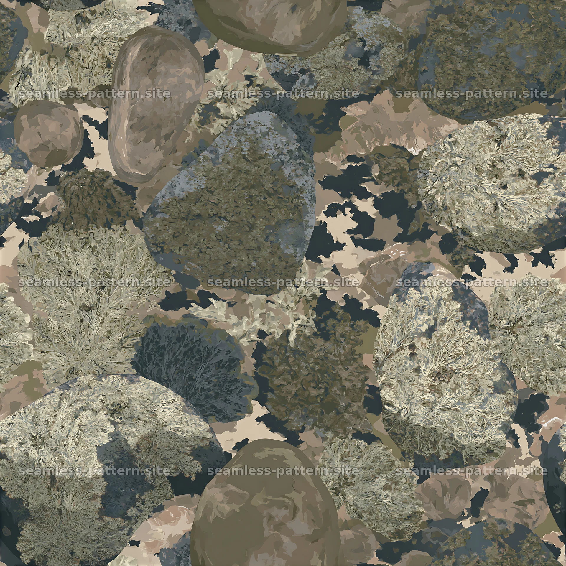 Seamless camouflage pattern with lichen and stone textures in earth tones — seamless tileable pattern at 8192x8192