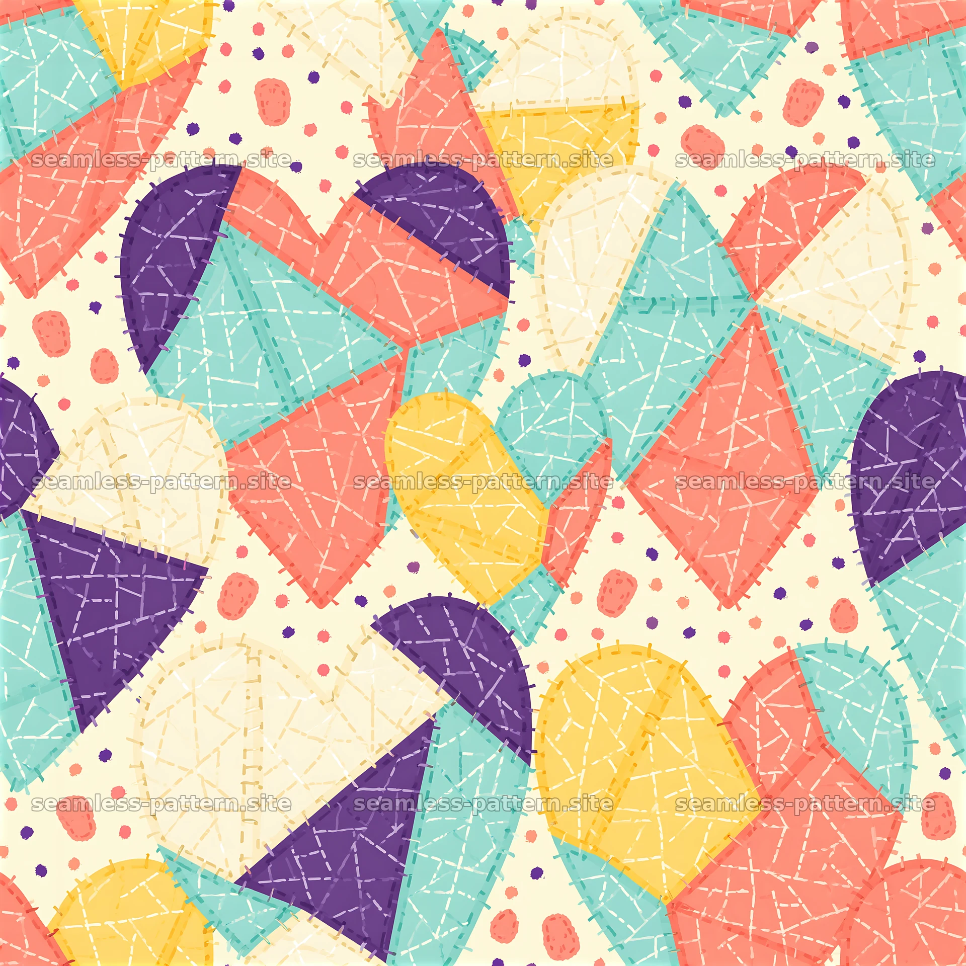 Colorful geometric heart pattern in a patchwork style — seamless tileable pattern at 8192x8192
