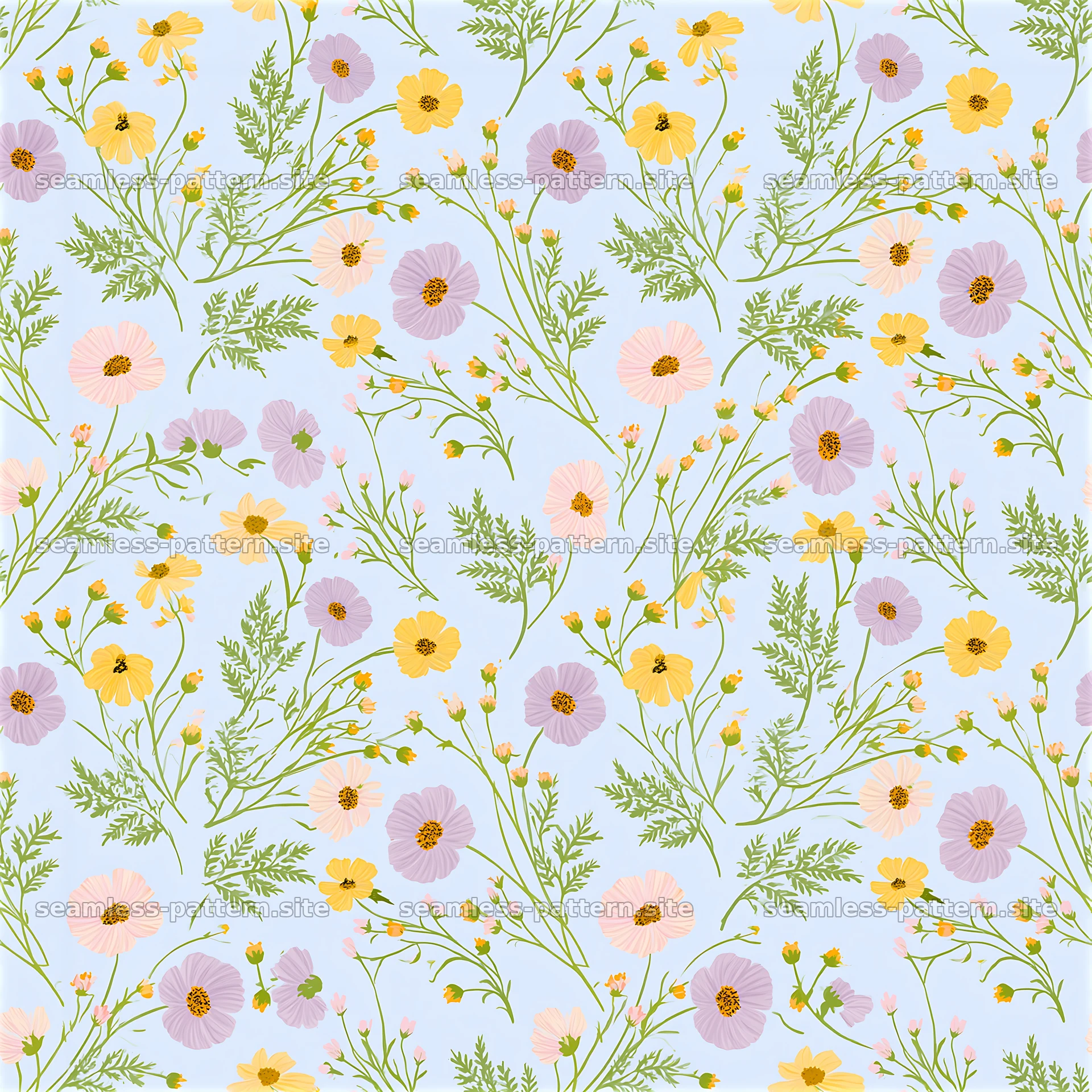 Dense flower repeating pattern with colorful blooms and green stems — seamless tileable pattern at 8192x8192