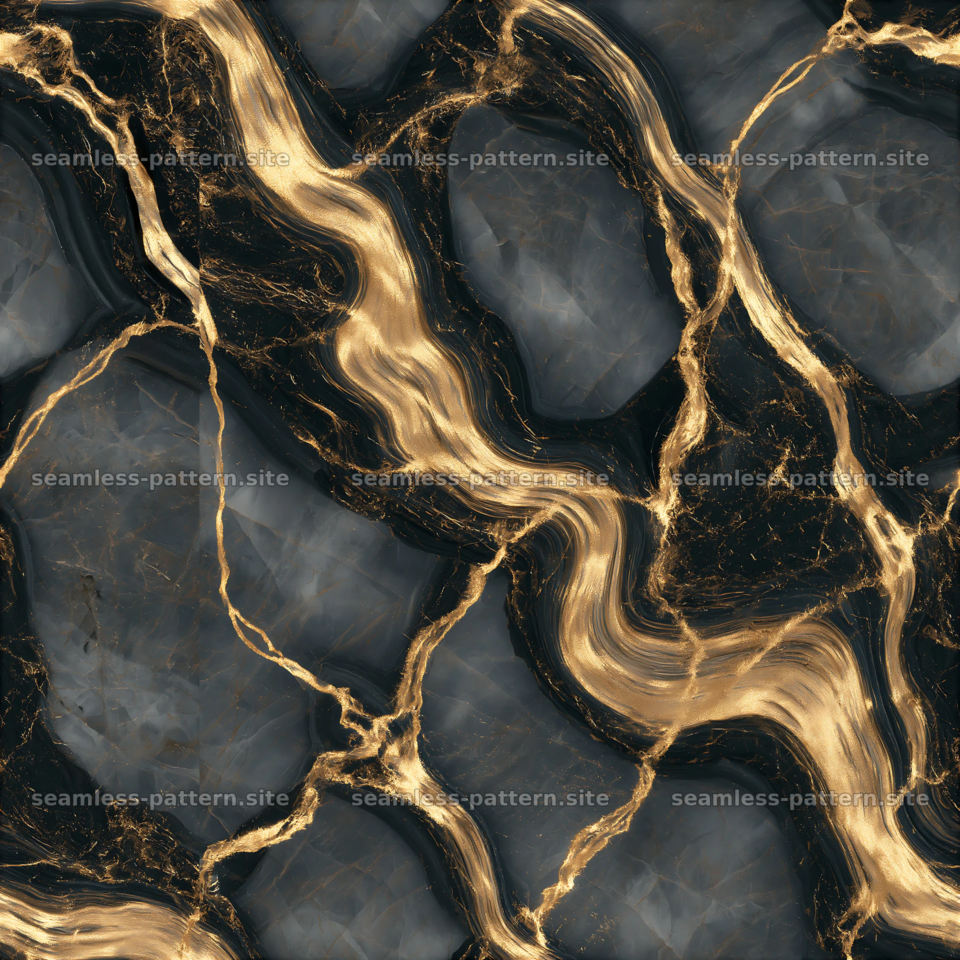 Seamless glossy gold veined marble repeat pattern with dark colors — seamless tileable pattern at 8192x8192