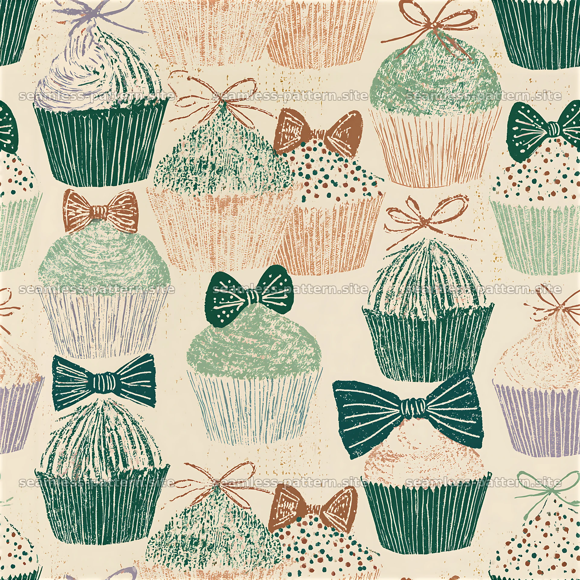 Cute cupcakes in a seamless pattern with bows and sprinkles — seamless tileable pattern at 8192x8192