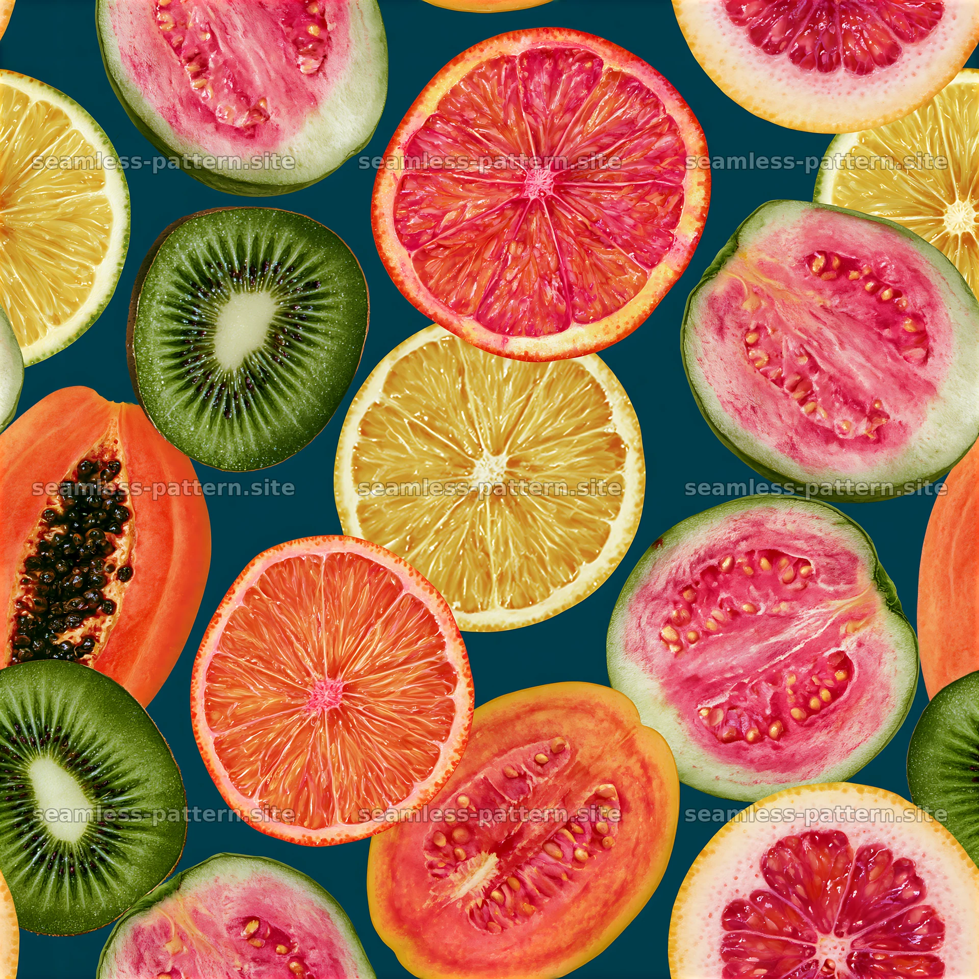 Vibrant tropical fruits seamless pattern with papaya, guava, and citrus — seamless tileable pattern at 8192x8192
