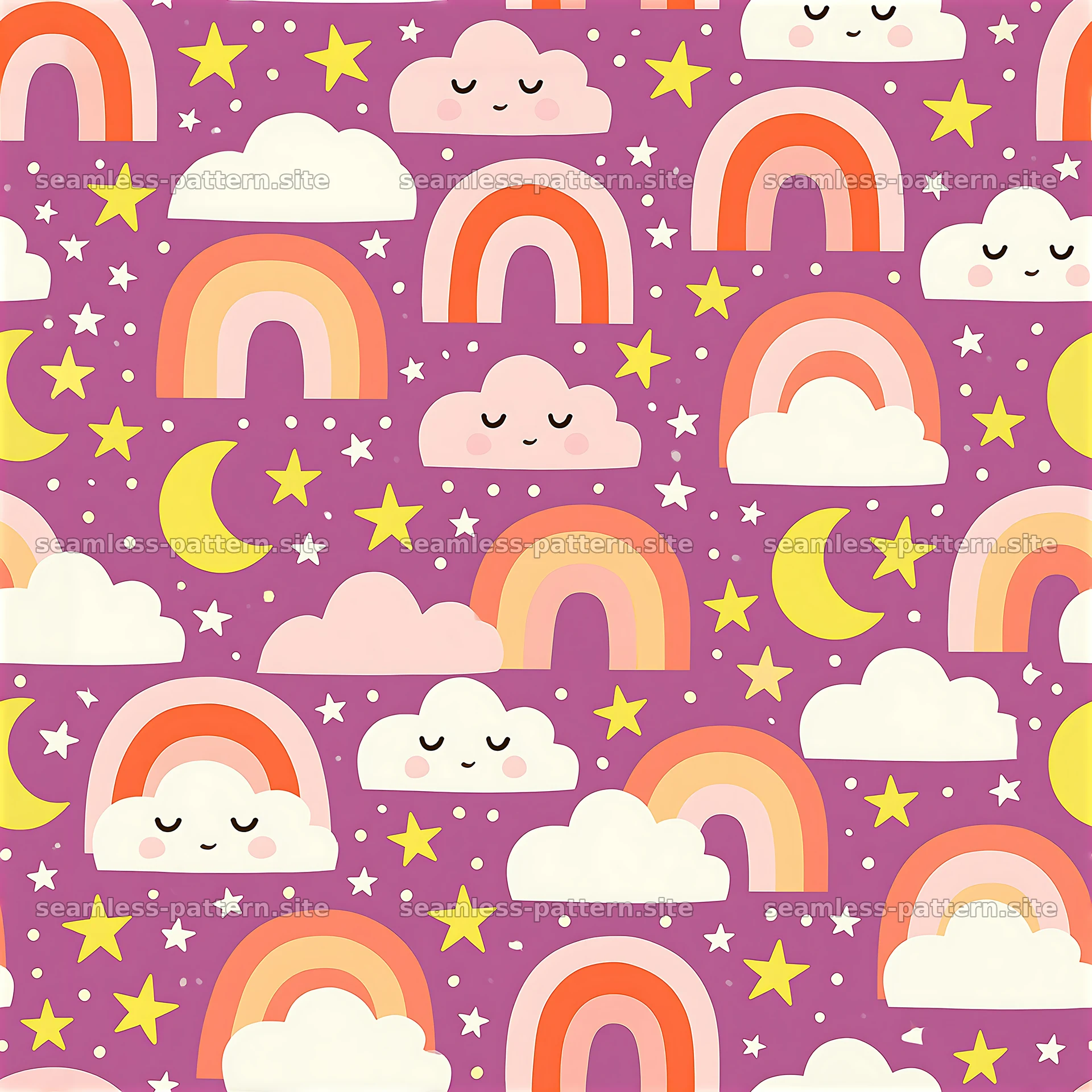 Colorful seamless pattern with rainbows, clouds, stars, and moons — seamless tileable pattern at 8192x8192