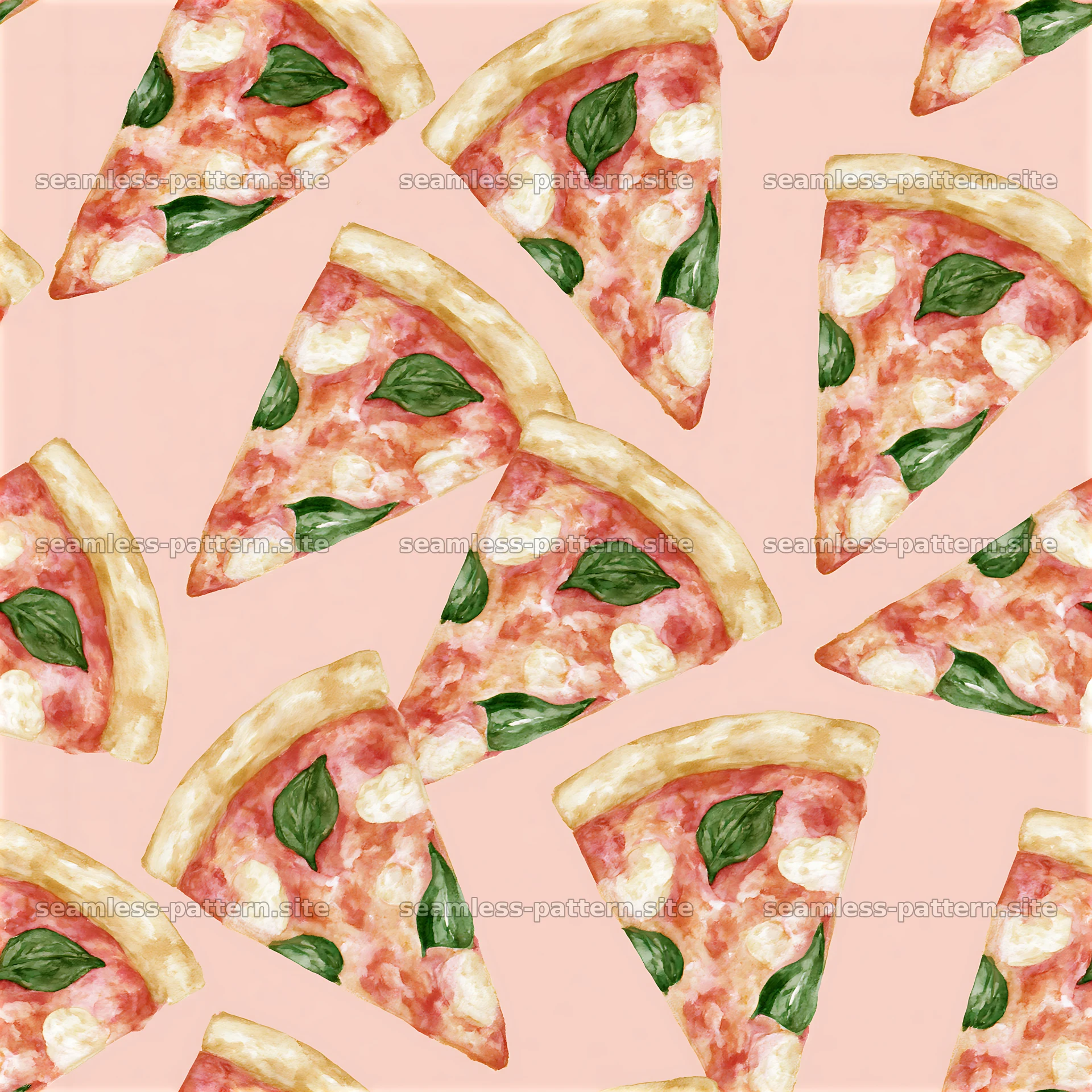 Seamless kitchen decor pizza pattern with pizza slices on pink background — seamless tileable pattern at 8192x8192