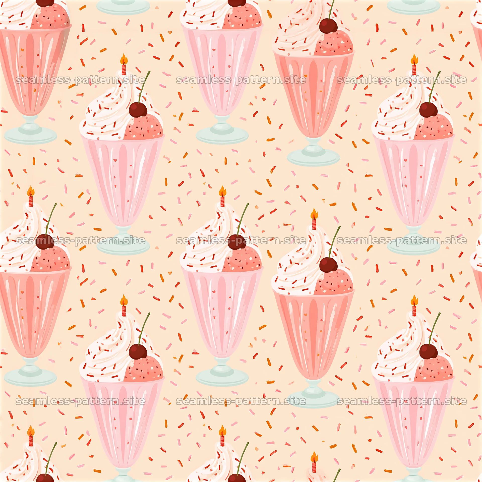 Birthday ice cream seamless pattern with ice cream sundaes and sprinkles — seamless tileable pattern at 8192x8192