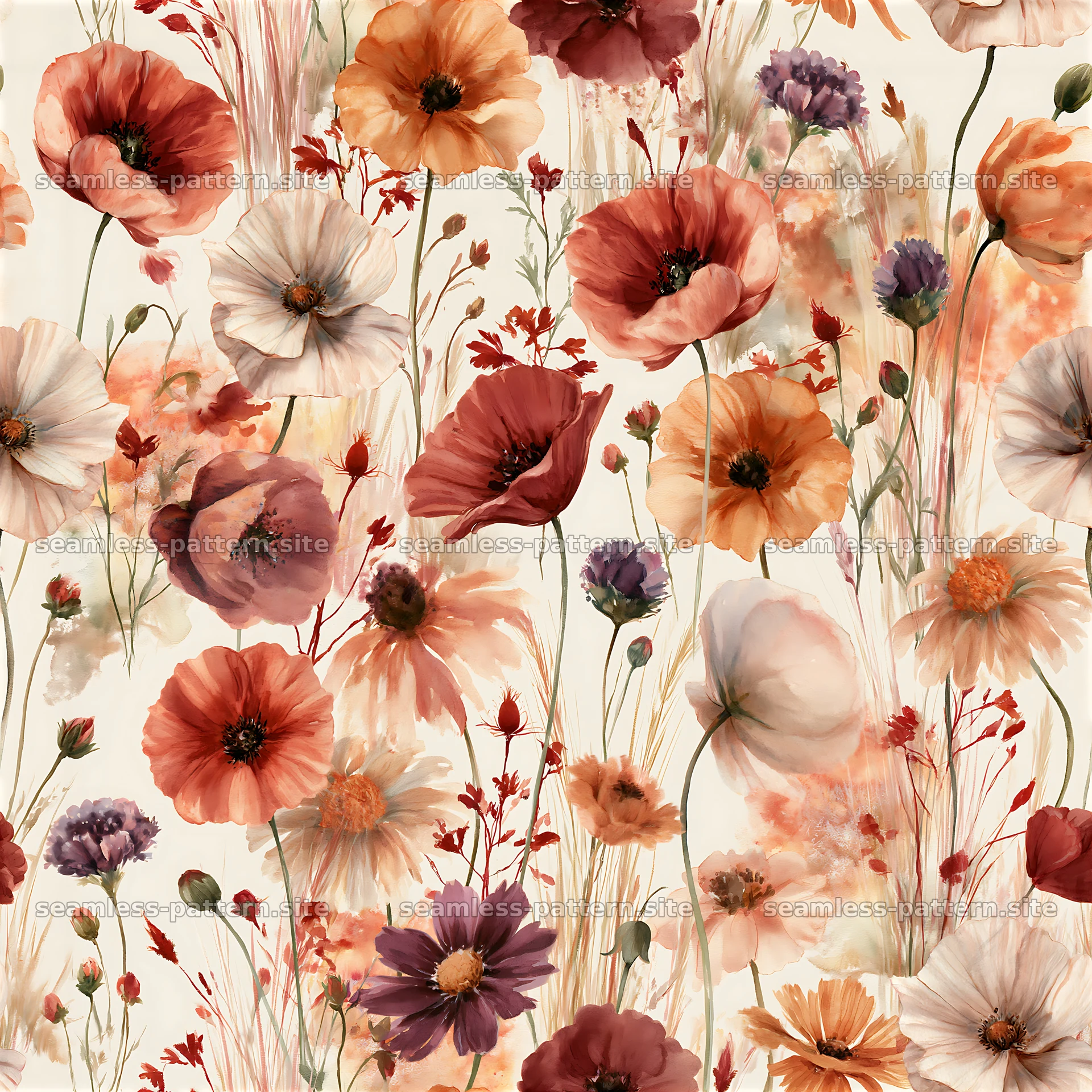 Colorful floral design with mixed blooms in soft colors — seamless tileable pattern at 8192x8192