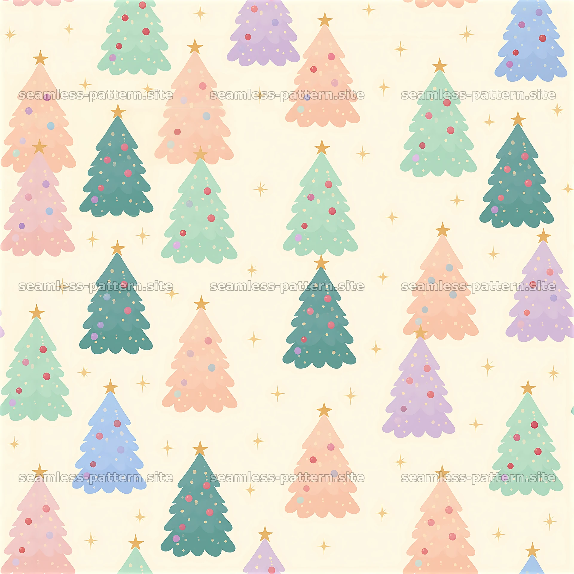 Seamless pastel Christmas tree pattern with stars — seamless tileable pattern at 8192x8192