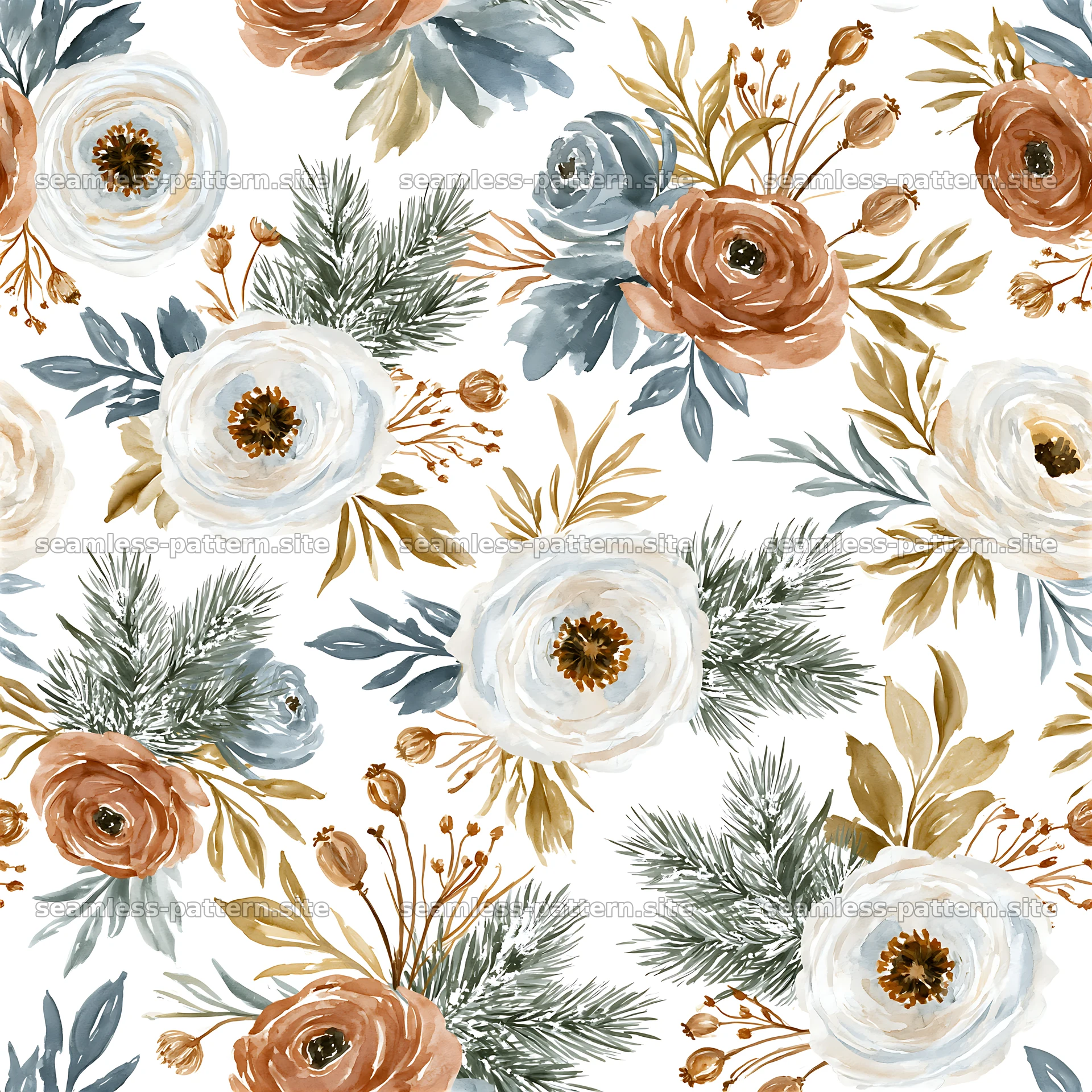 Tileable watercolor winter floral pattern with roses and leaves — seamless tileable pattern at 8192x8192