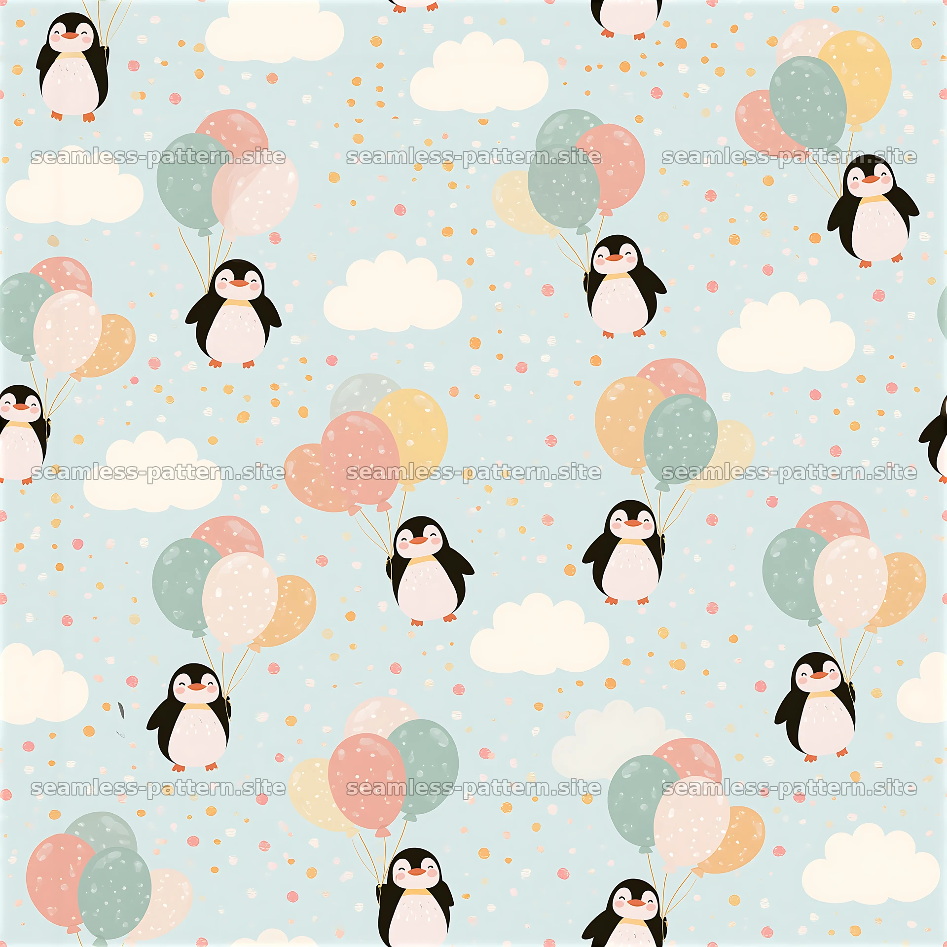 Cute penguin seamless pattern features penguins holding colorful — seamless tileable pattern at 8192x8192